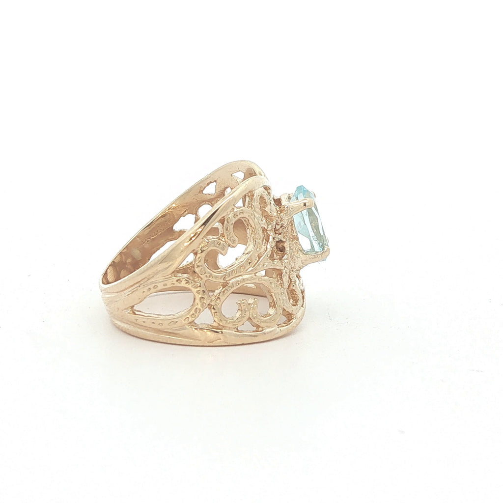 Vintage 14K Yellow Gold Oval Aquamarine Filigree Ring – Size 6.50