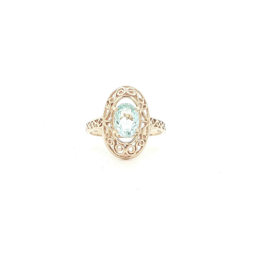 14K Yellow Gold Natural Aquamarine Filigree Ring – Approx. 0.75 CT