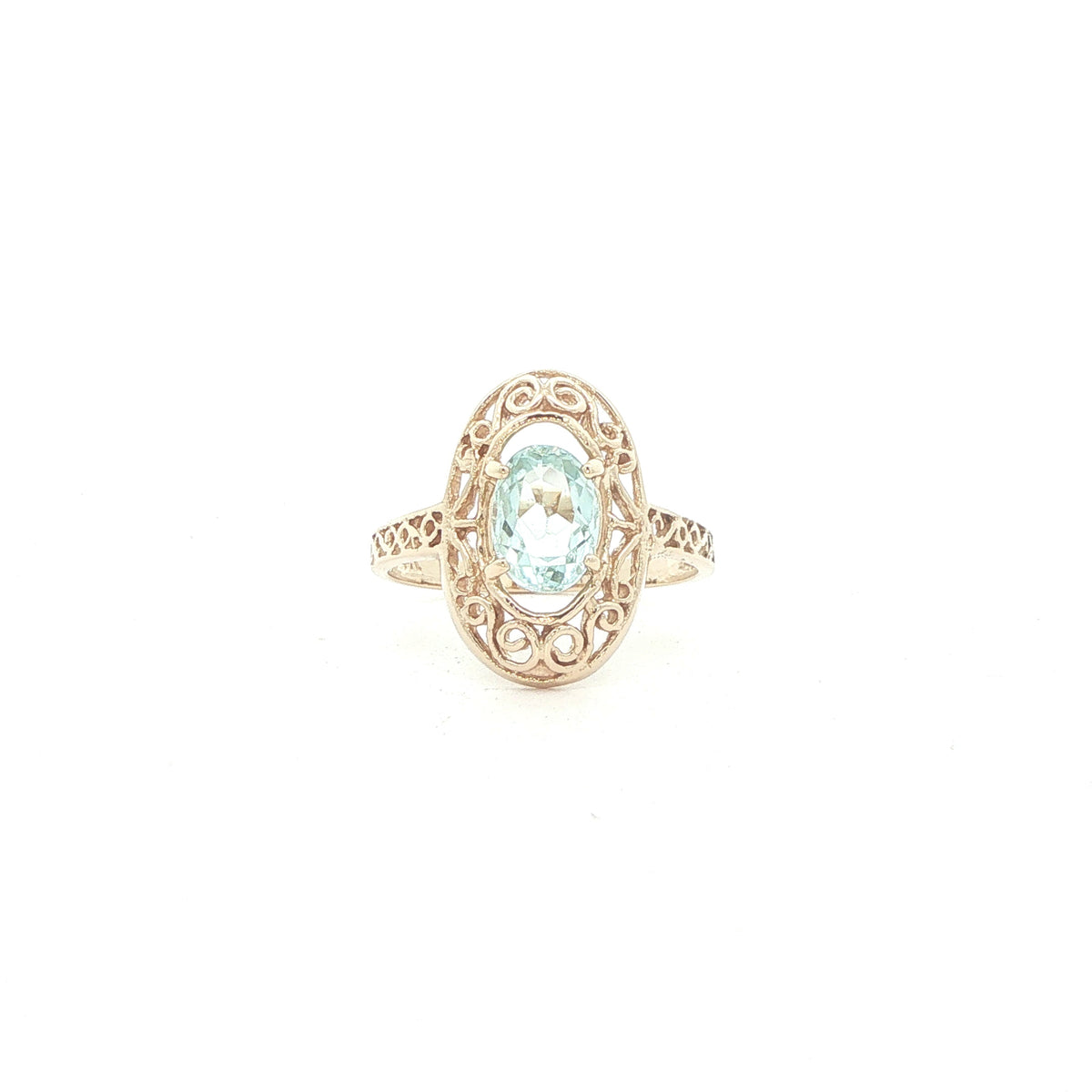14K Yellow Gold Natural Aquamarine Filigree Ring – Approx. 0.75 CT