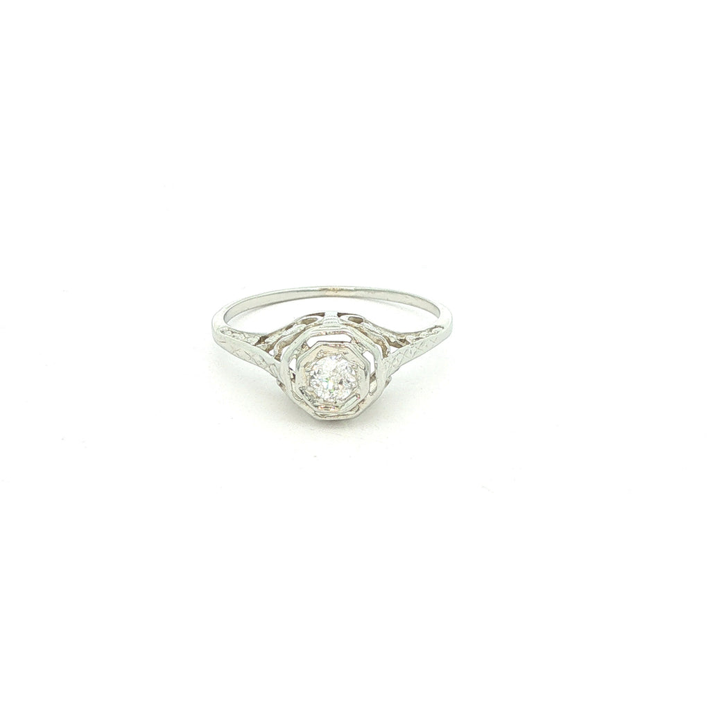 Estate 1910s Edwardian 18K White Gold Filigree Mine Cut Diamond Engagement Ring Size 6
