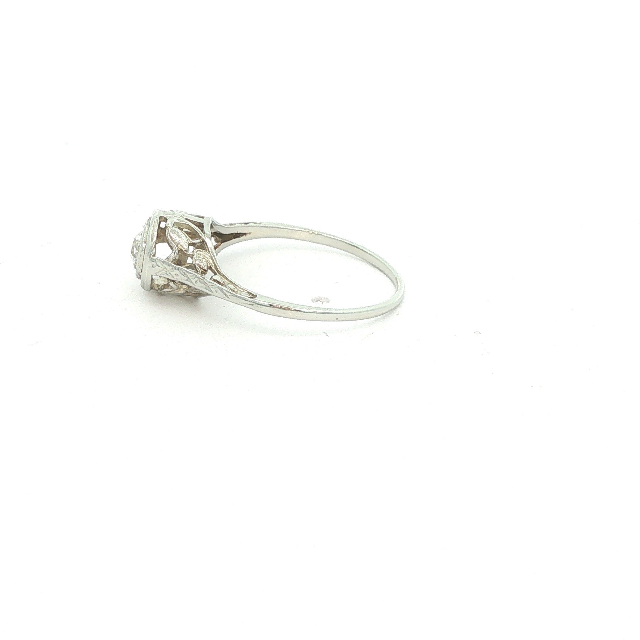 Estate 1910s Edwardian 18K White Gold Filigree Mine Cut Diamond Engagement Ring Size 6