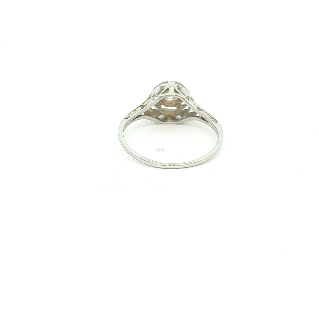 Estate 1910s Edwardian 18K White Gold Filigree Mine Cut Diamond Engagement Ring Size 6