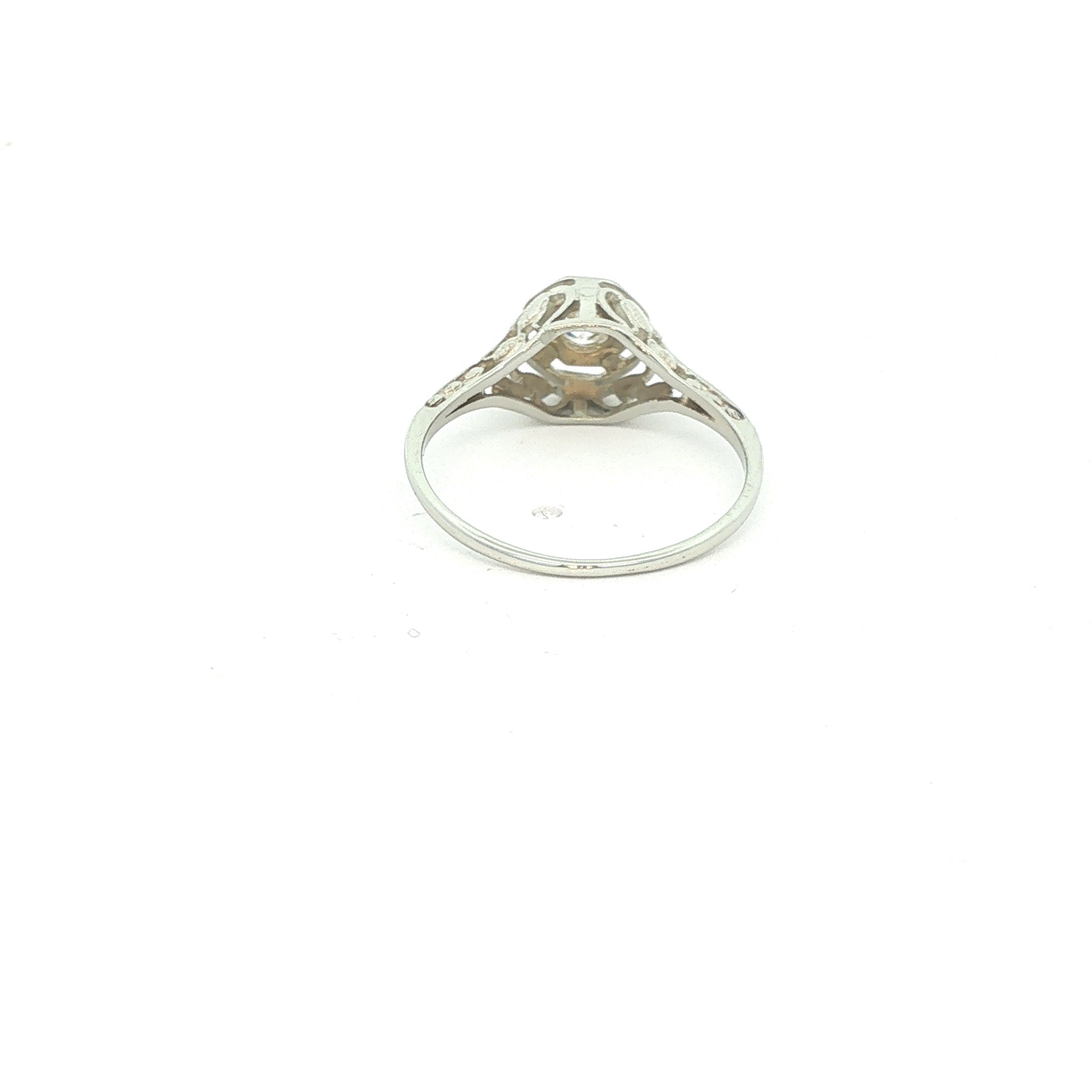 Estate 1910s Edwardian 18K White Gold Filigree Mine Cut Diamond Engagement Ring Size 6
