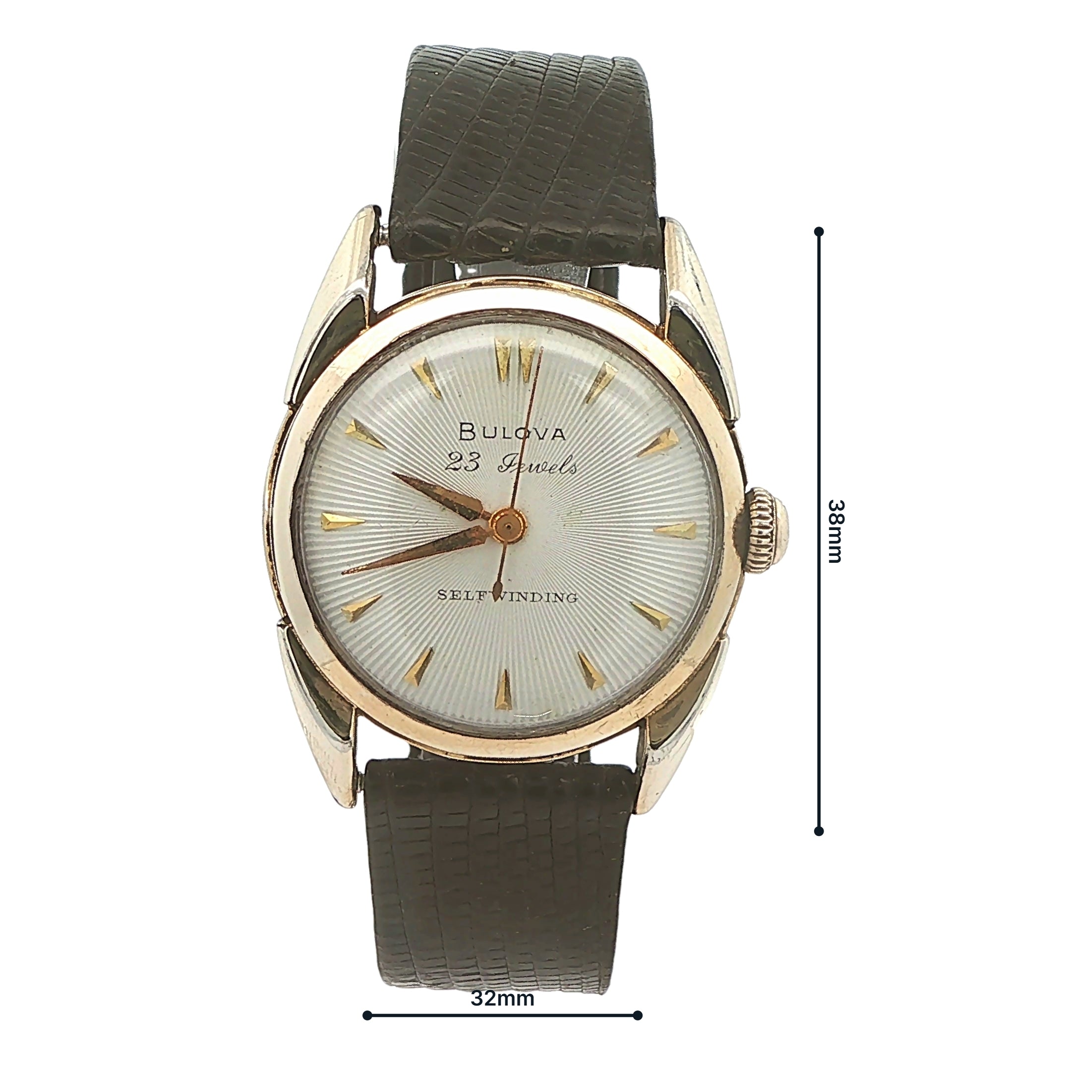 Vintage 1950s Bulova 23 Jewels Self-Winding Wristwatch 32mm Silver Sunburst Dial