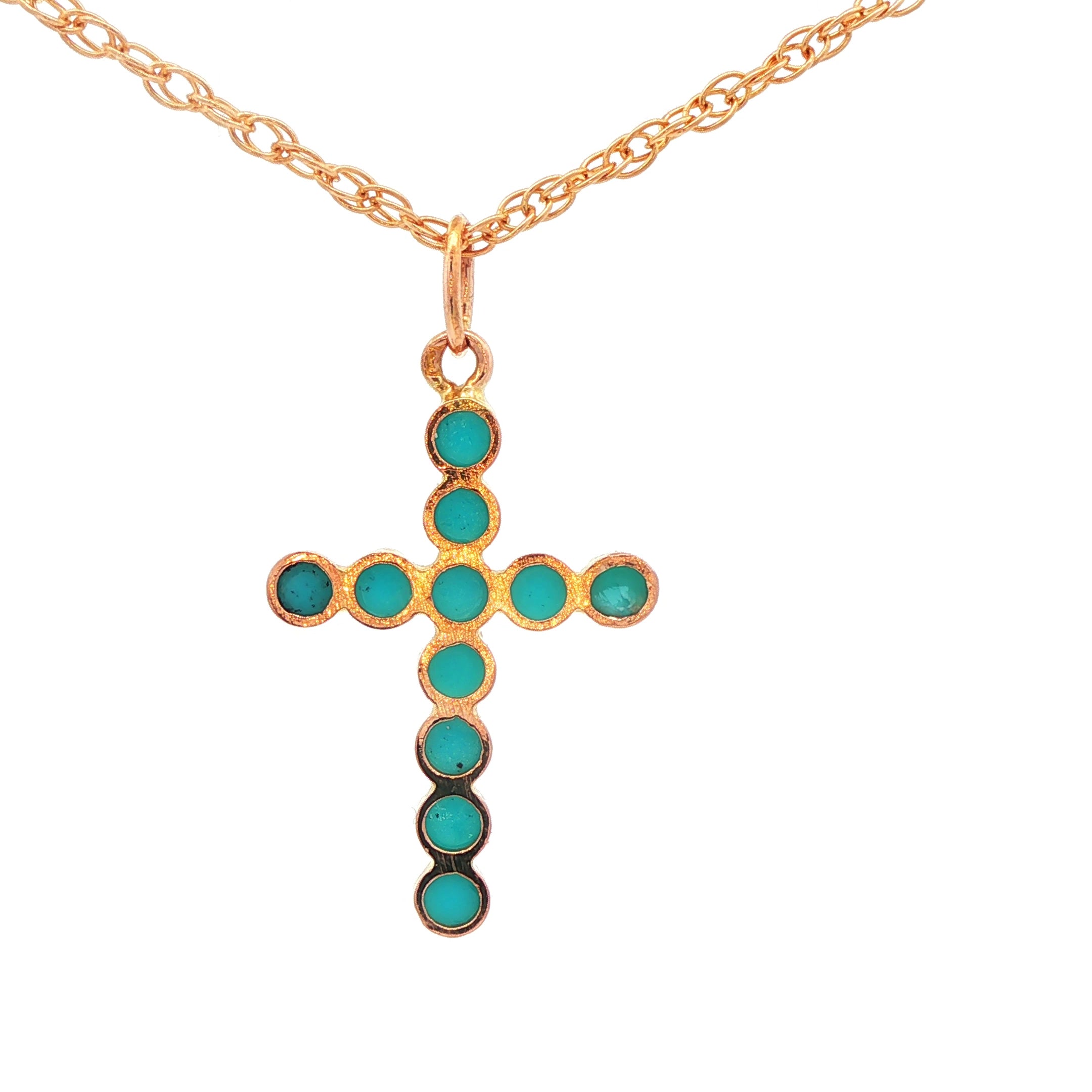 14K Yellow Gold Estate Turquoise Cross Pendant