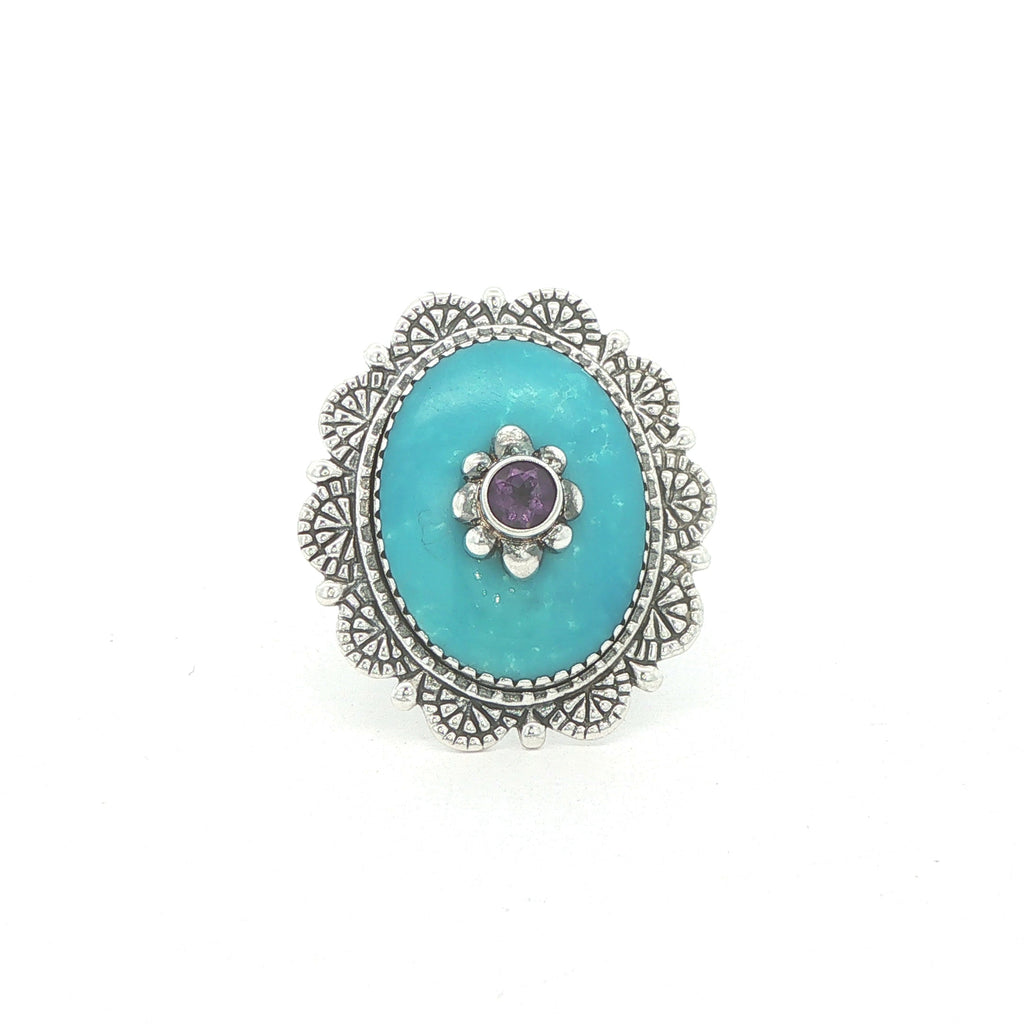 Estate Turquoise & Amethyst Sterling Silver Statement Ring – Size 6
