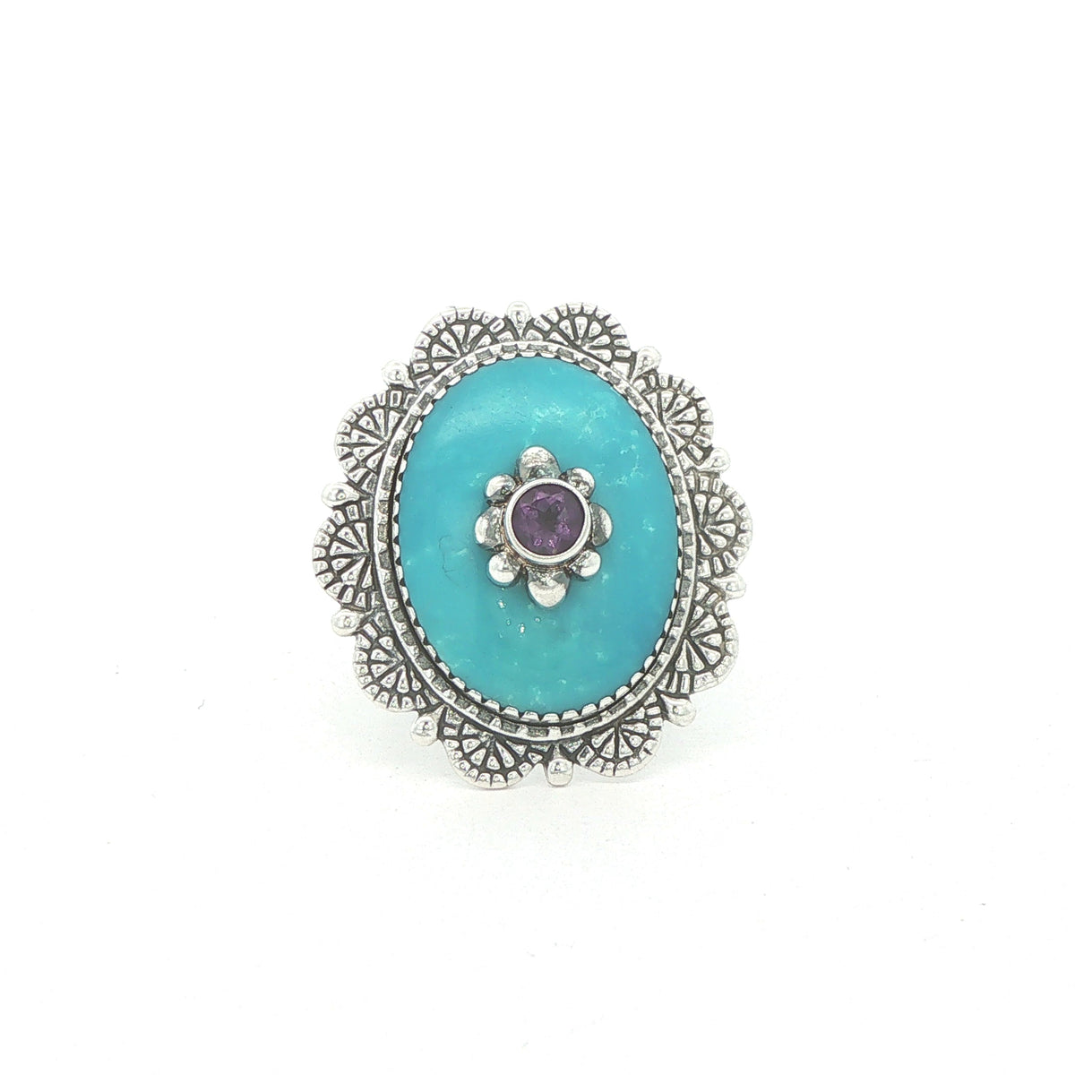 Estate Turquoise & Amethyst Sterling Silver Statement Ring – Size 6