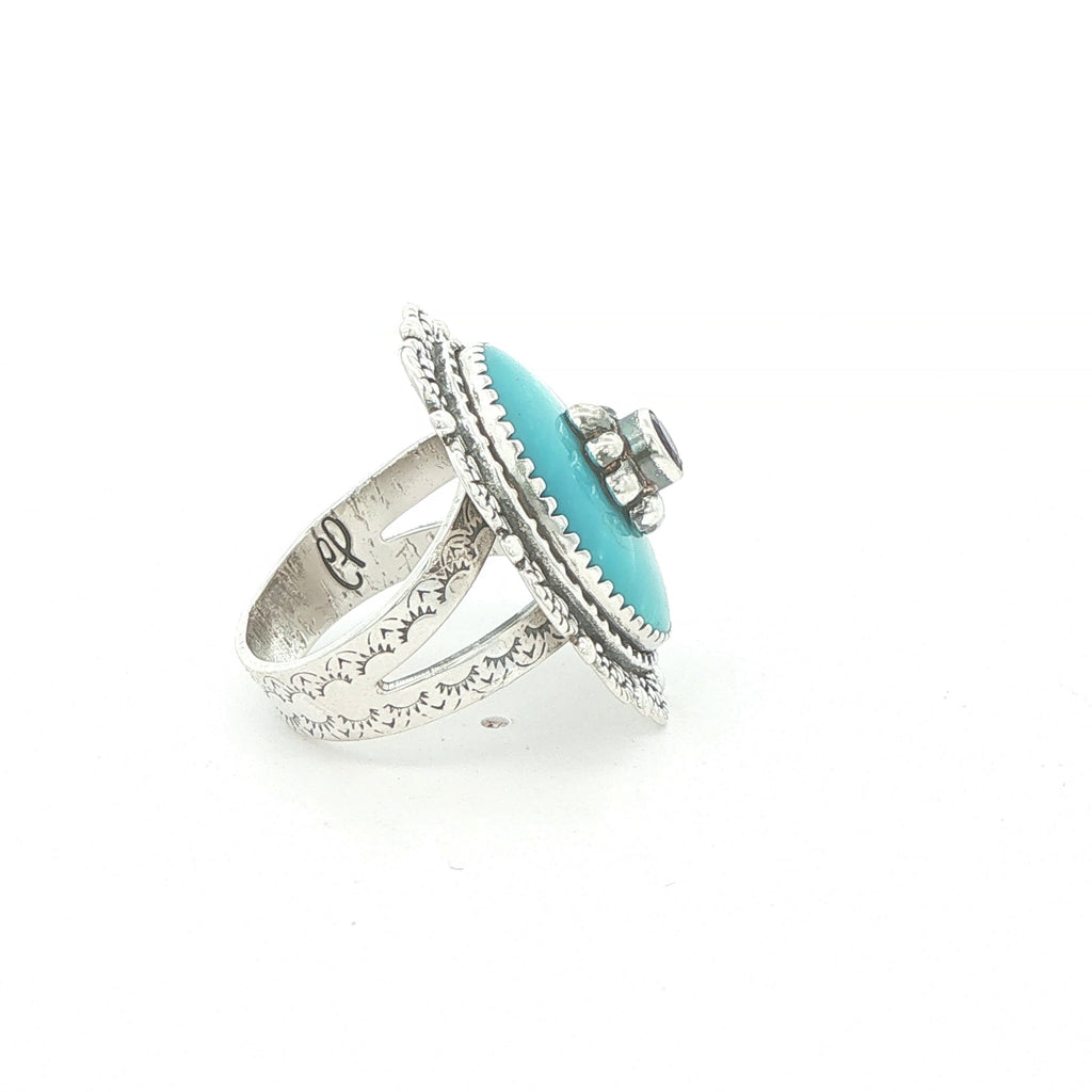 Estate Turquoise & Amethyst Sterling Silver Statement Ring – Size 6