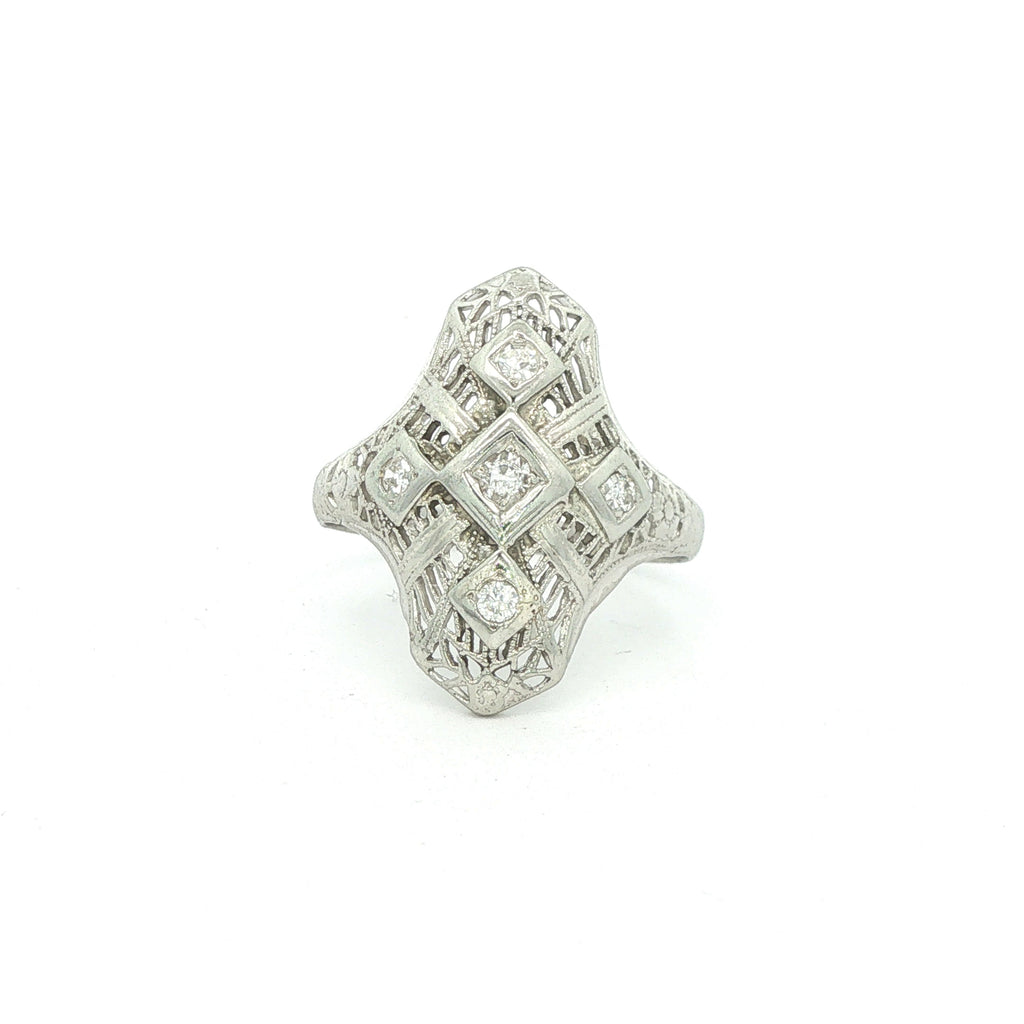 Estate Vintage 1920s Art Deco 14K White Gold Diamond Filigree Ring 0.15 CTW Size 7