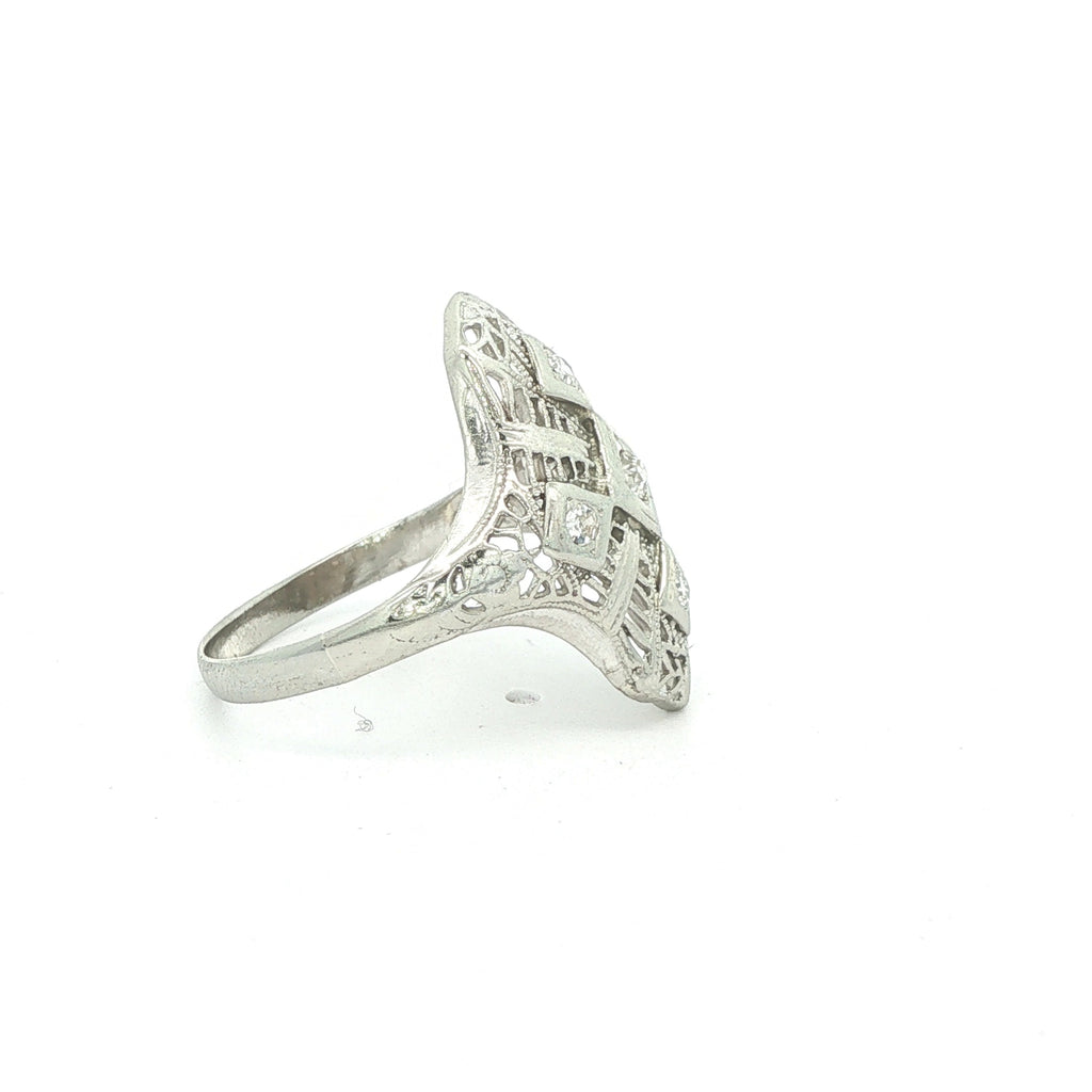 Estate Vintage 1920s Art Deco 14K White Gold Diamond Filigree Ring 0.15 CTW Size 7