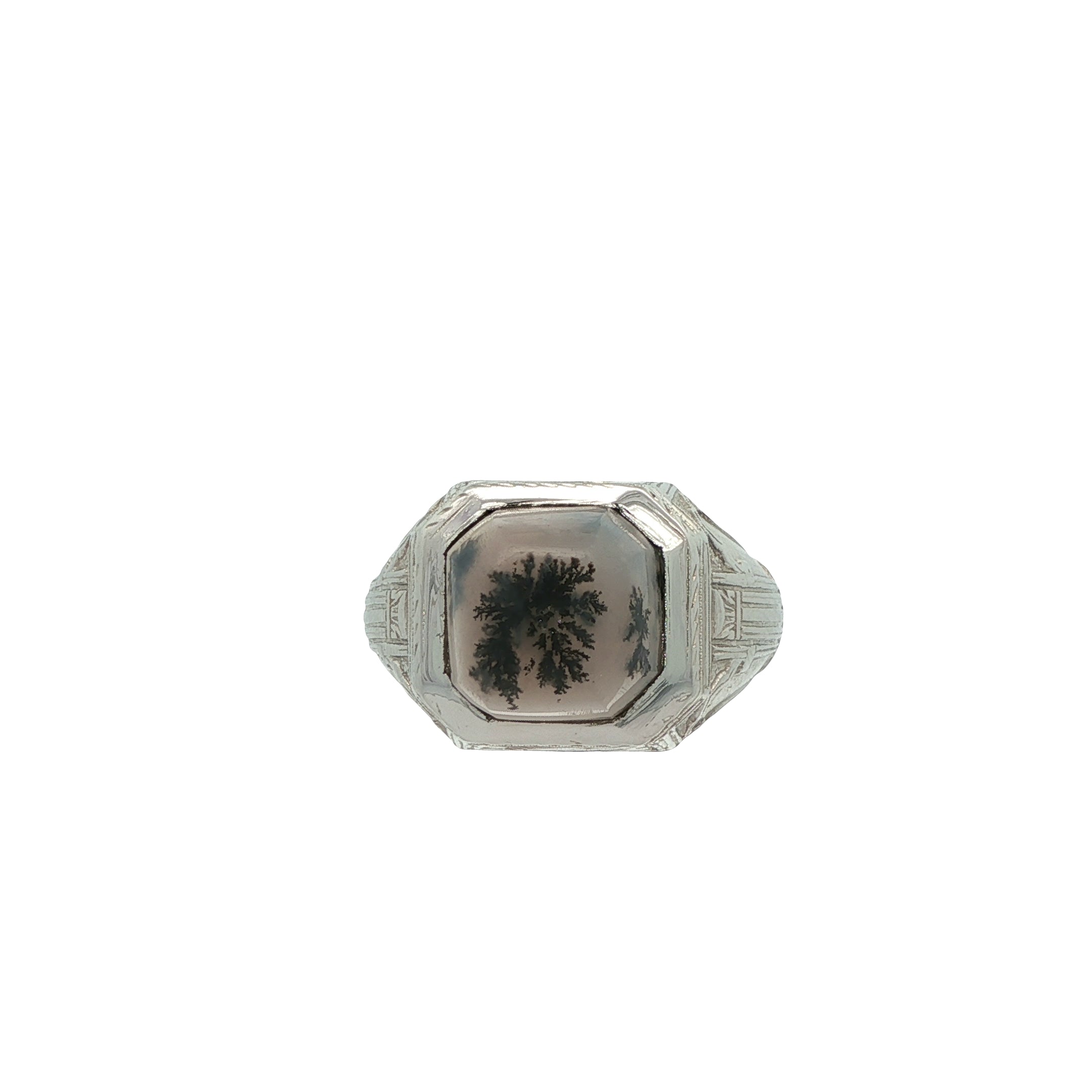 Vintage 18k White Gold Signet Ring with Dendritic Agate Cabochon