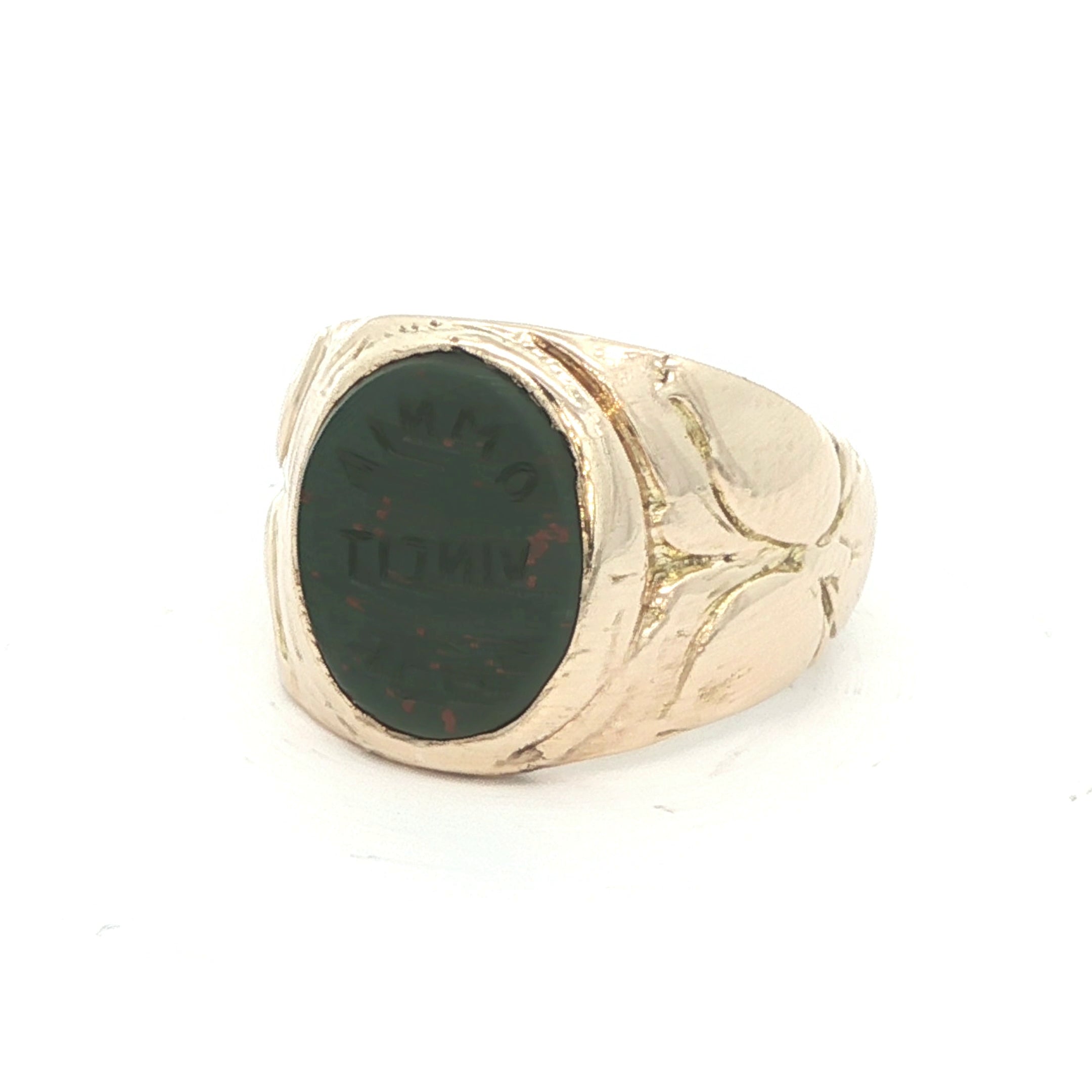 Estate 1911 14K Yellow Gold Bloodstone Signet – MEG Pledge – Size 3.25