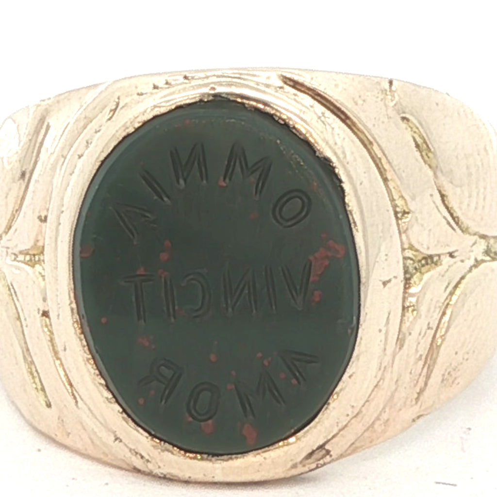 Estate 1911 14K Yellow Gold Bloodstone Signet – MEG Pledge – Size 3.25