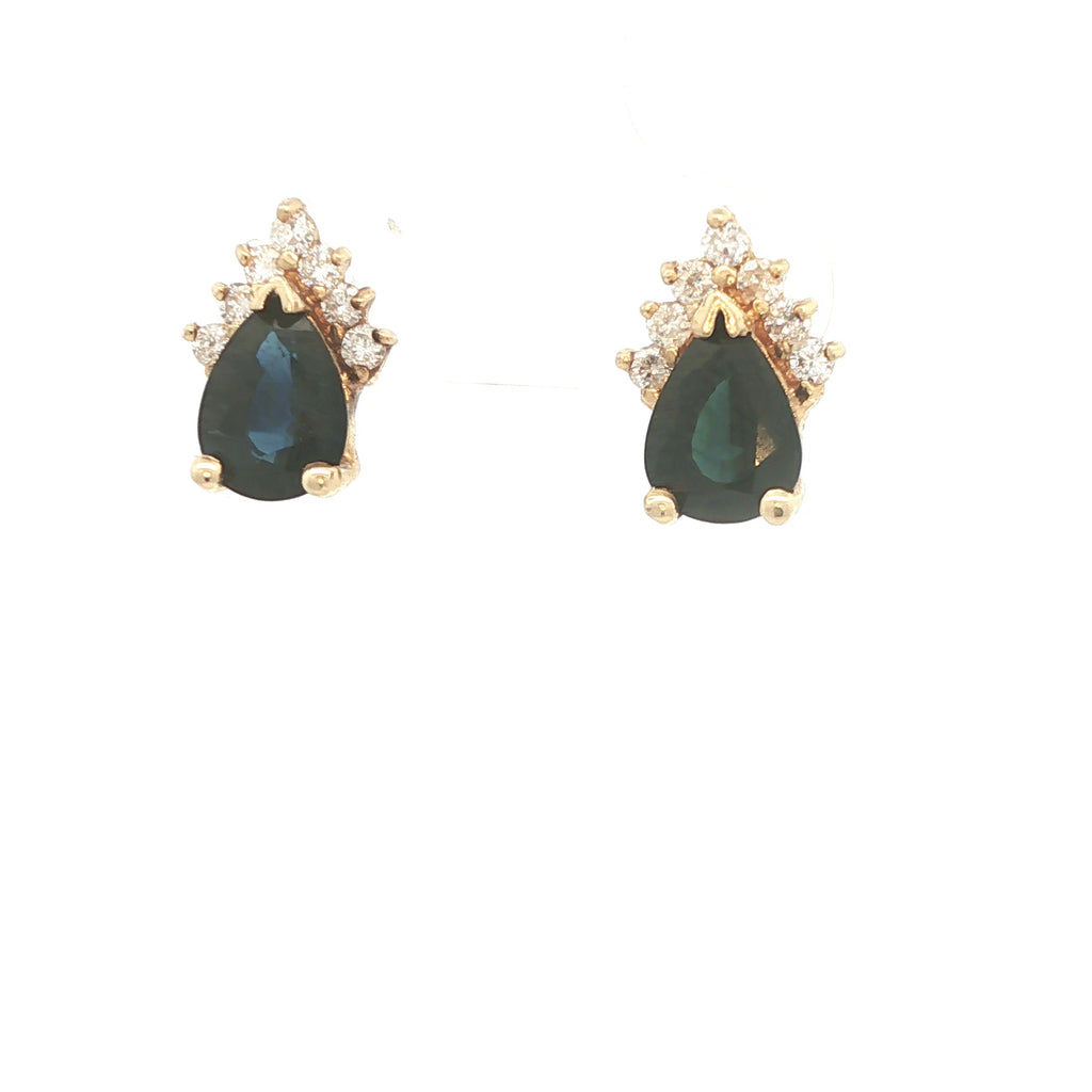 Estate 1990s 14K Yellow Gold Natural Sapphire & Diamond Pear Stud Earrings