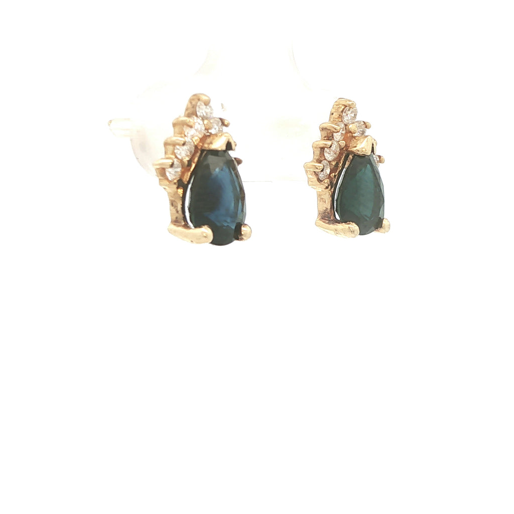 Estate 1990s 14K Yellow Gold Natural Sapphire & Diamond Pear Stud Earrings