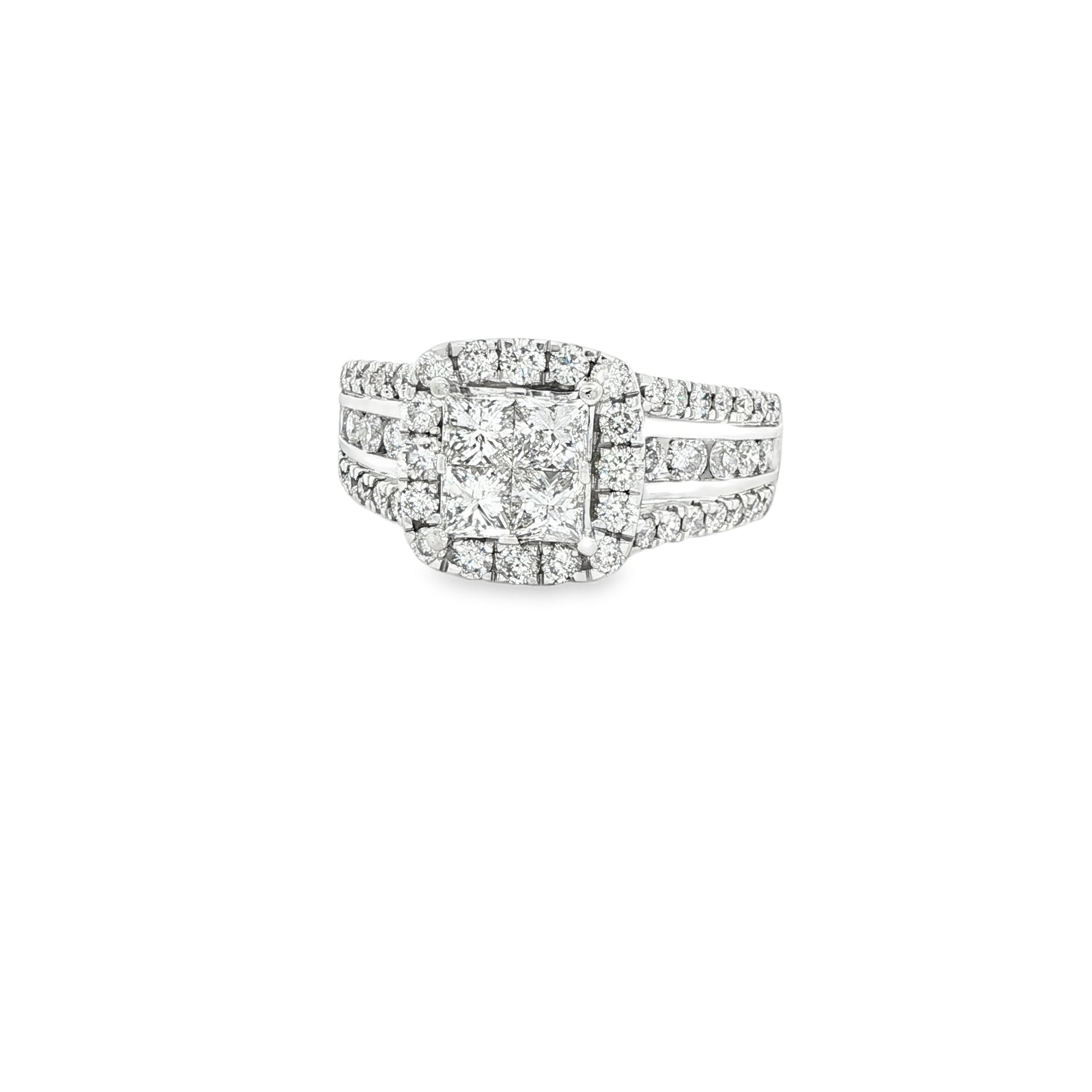 14K White Gold Halo Engagement Ring with Invisible Set Princess Cut Center