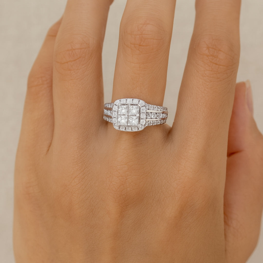 14K White Gold Halo Engagement Ring with Invisible Set Princess Cut Center