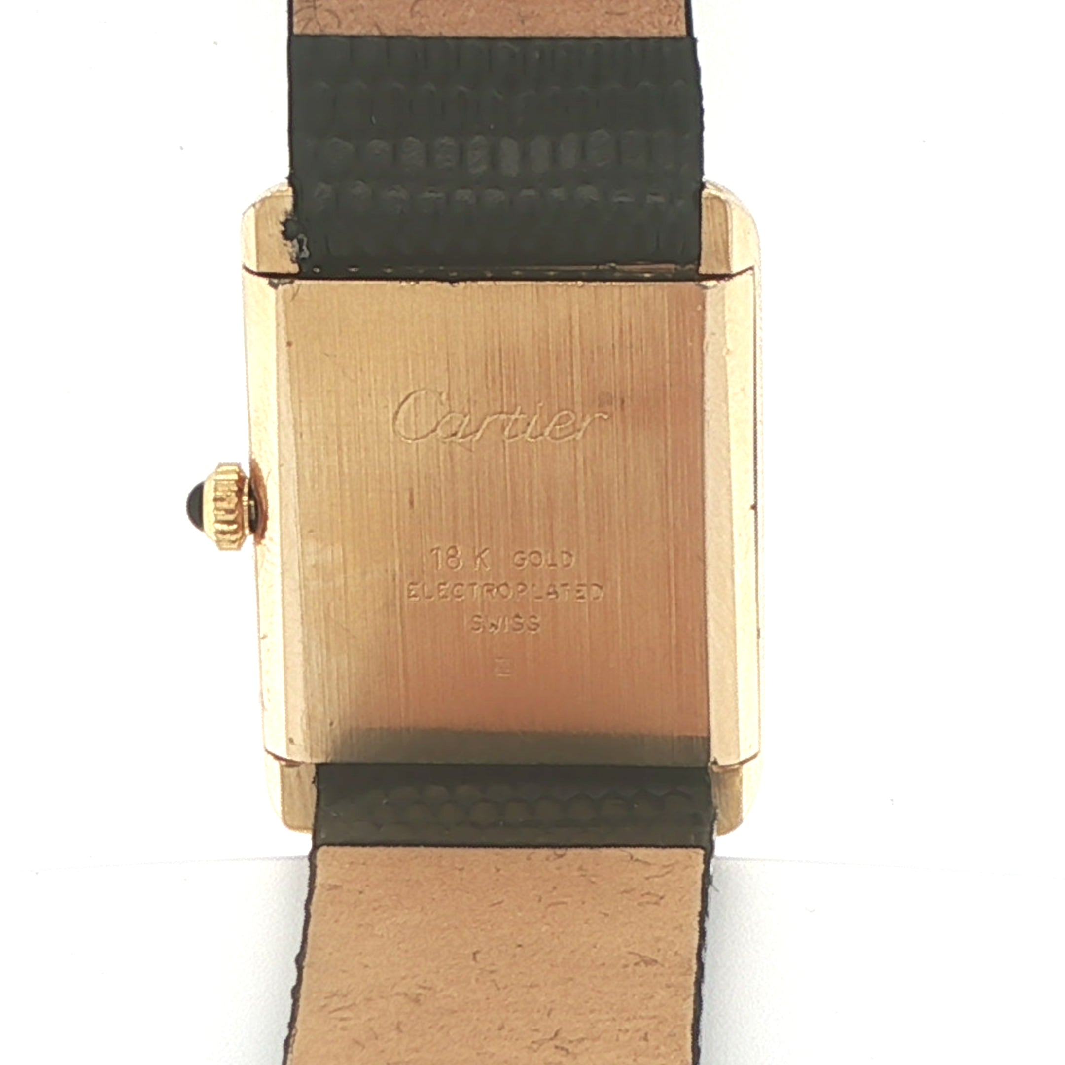 Estate Vintage 1970s Cartier Swiss 18K Gold Electroplated Mechanical Dress Watch Black Lizard-Grain Strap