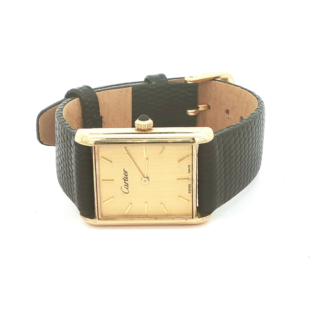 Estate Vintage 1970s Cartier Swiss 18K Gold Electroplated Mechanical Dress Watch Black Lizard-Grain Strap