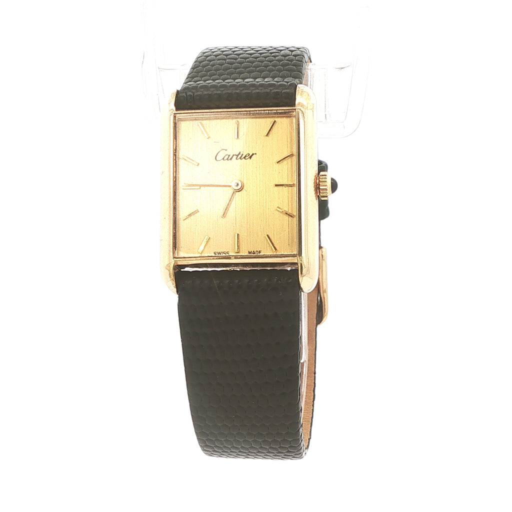 Estate Vintage 1970s Cartier Swiss 18K Gold Electroplated Mechanical Dress Watch Black Lizard-Grain Strap