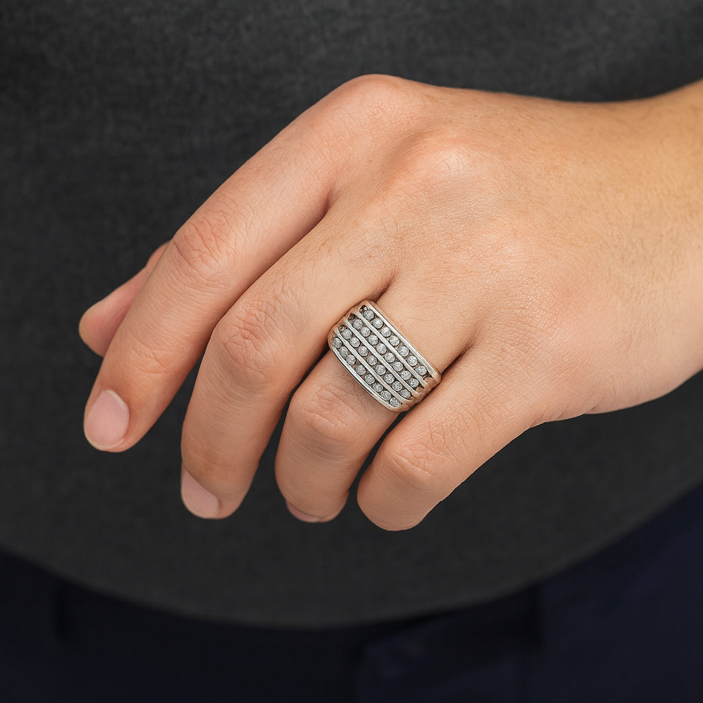 10k 1 CTW White Gold Multirow Ring with Round Cut Diamonds