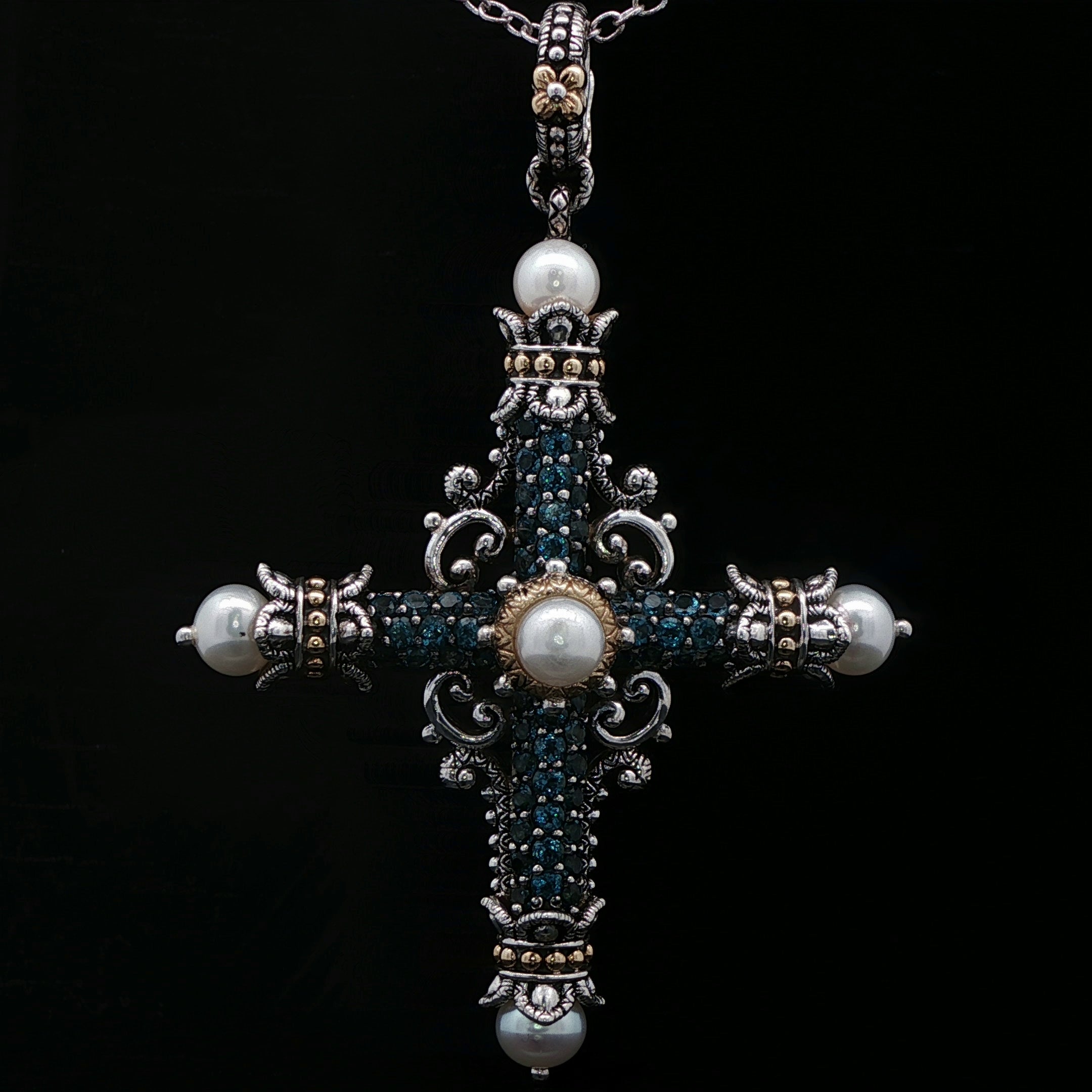 Sterling Silver Cross and 18k Yellow Gold Bali style, Barse Pearl-Accented  Pendant with Gold Accents