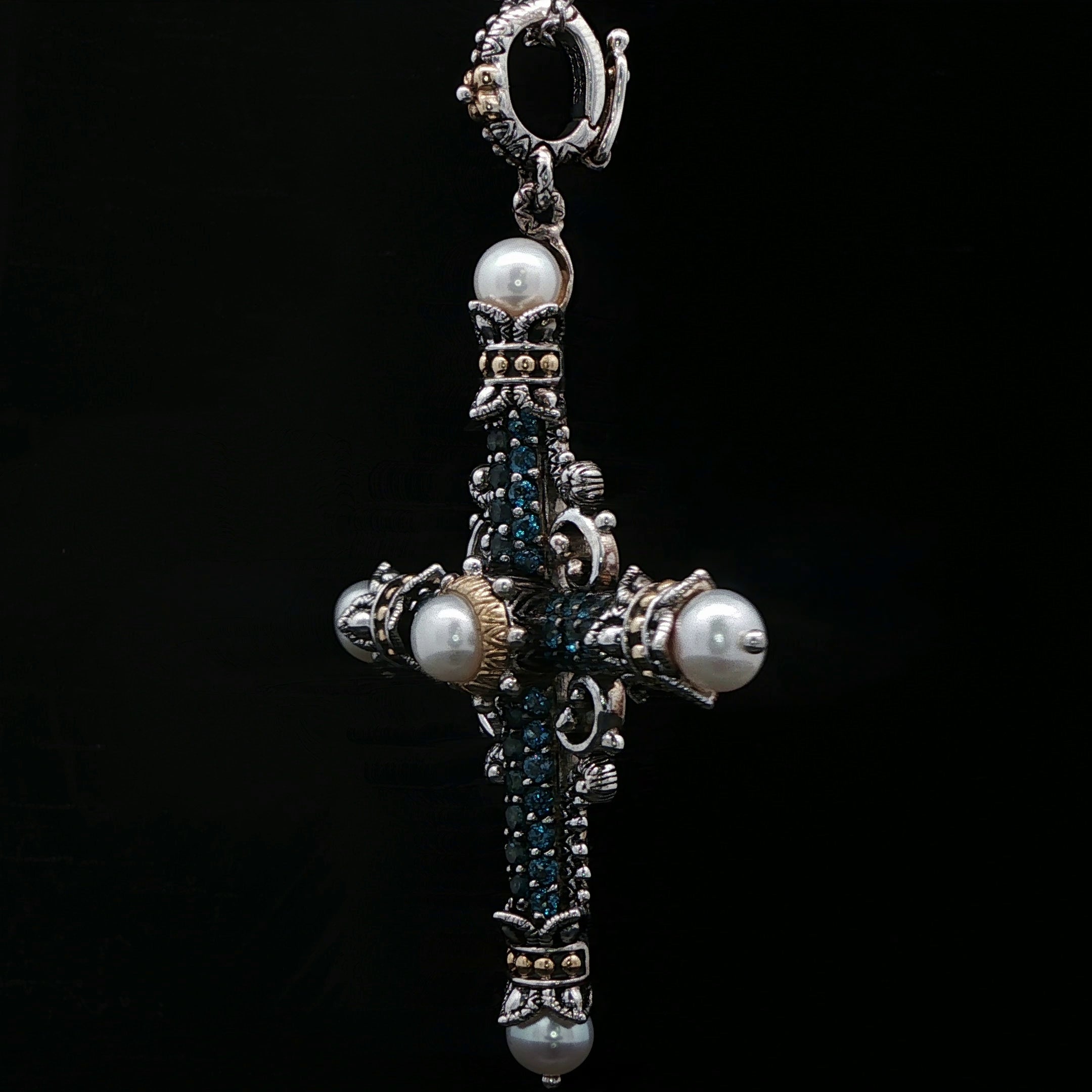 Sterling Silver Cross and 18k Yellow Gold Bali style, Barse Pearl-Accented  Pendant with Gold Accents