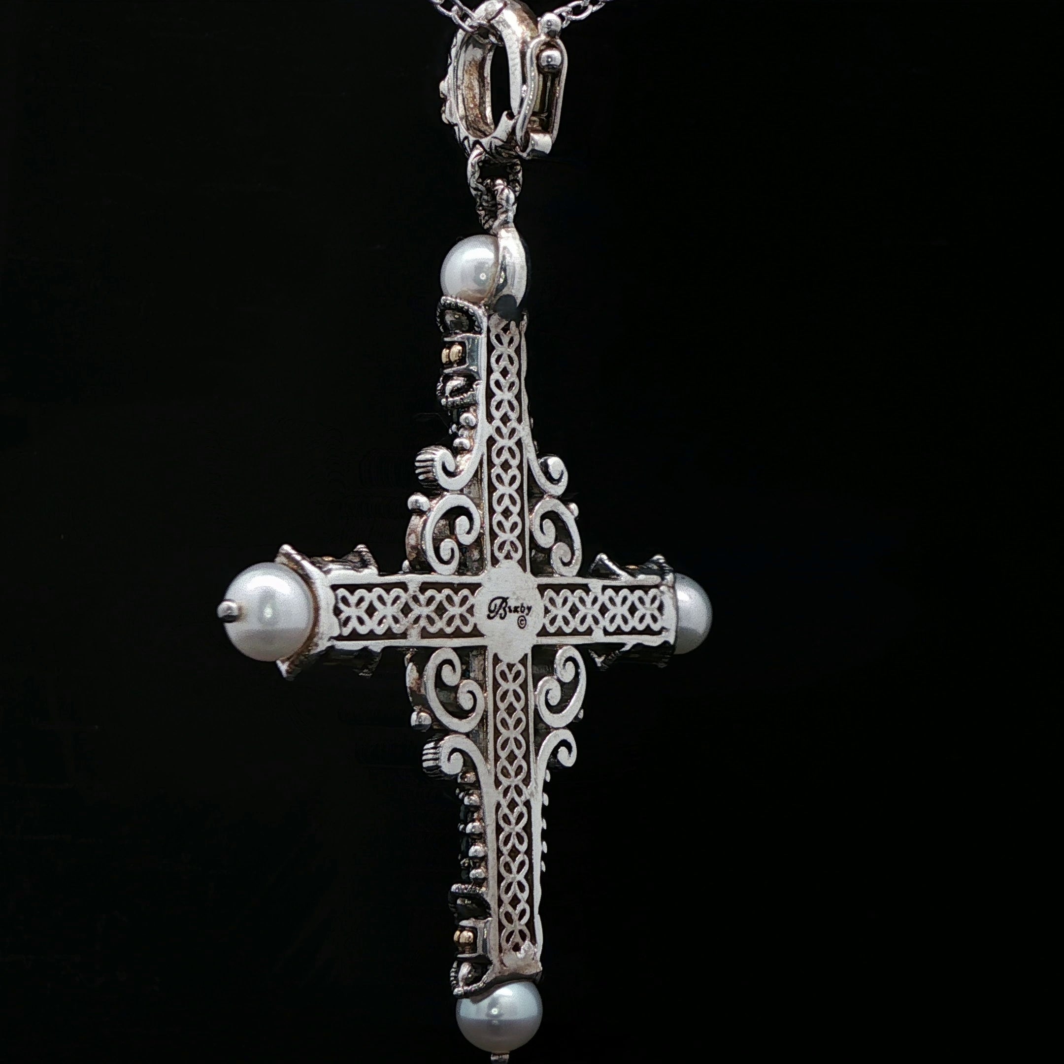 Sterling Silver Cross and 18k Yellow Gold Bali style, Barse Pearl-Accented  Pendant with Gold Accents