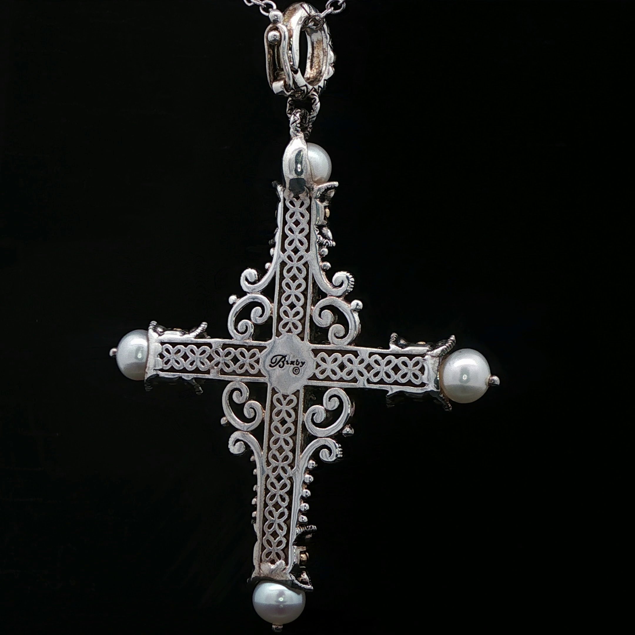 Sterling Silver Cross and 18k Yellow Gold Bali style, Barse Pearl-Accented  Pendant with Gold Accents