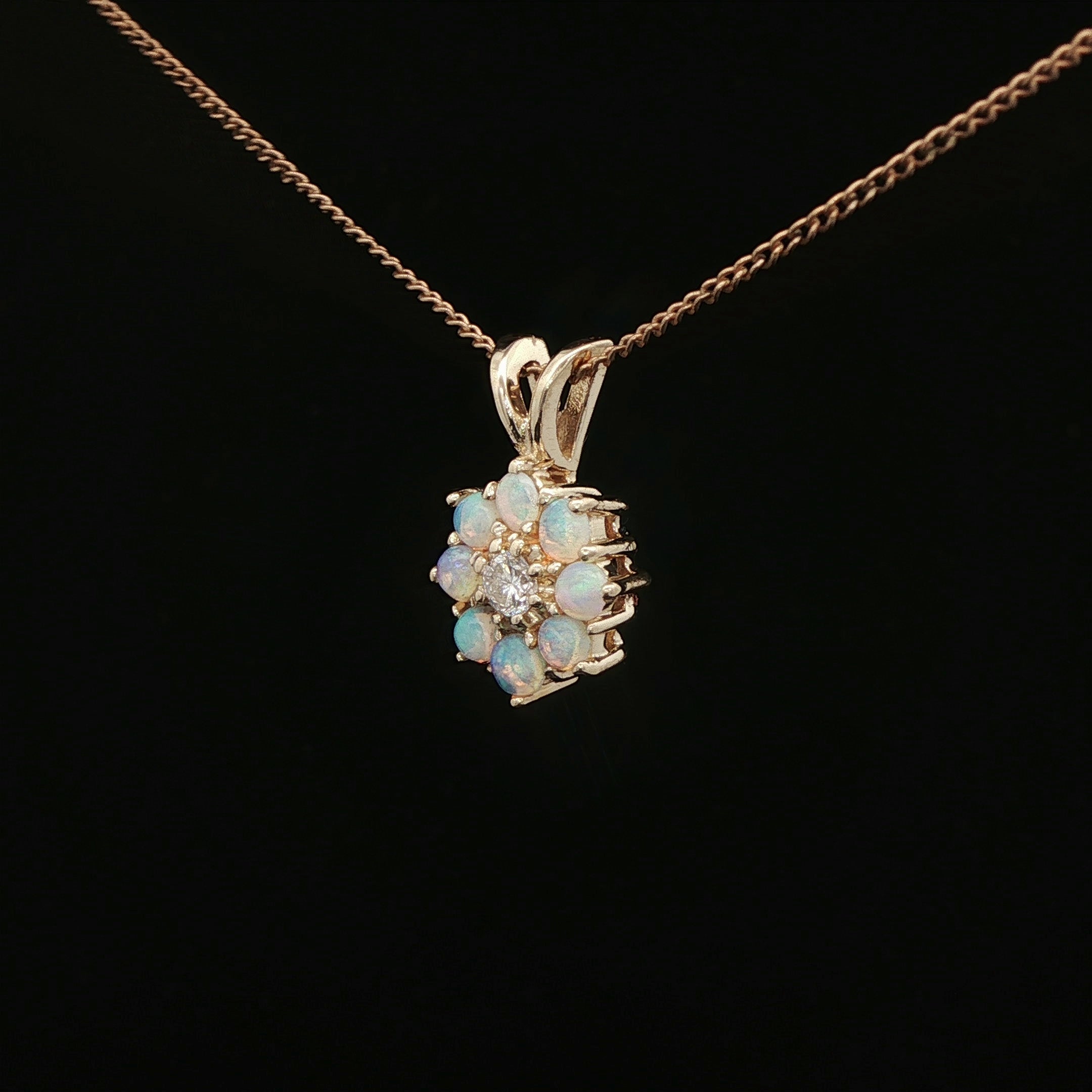 14k Yellow Gold Opal Floral Diamond Center Pendant