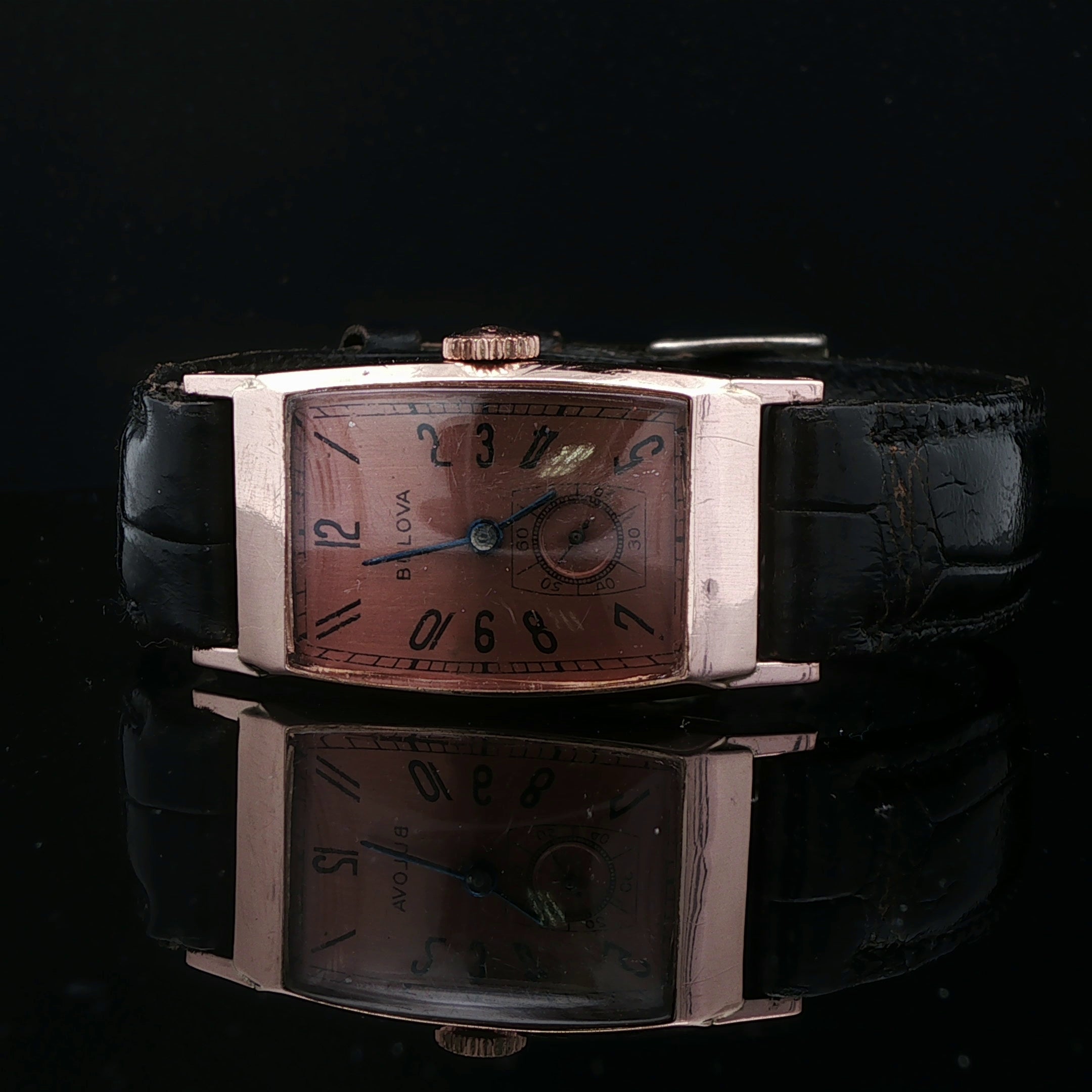 14K Vintage Rose Gold Tank Style Bulova Watch