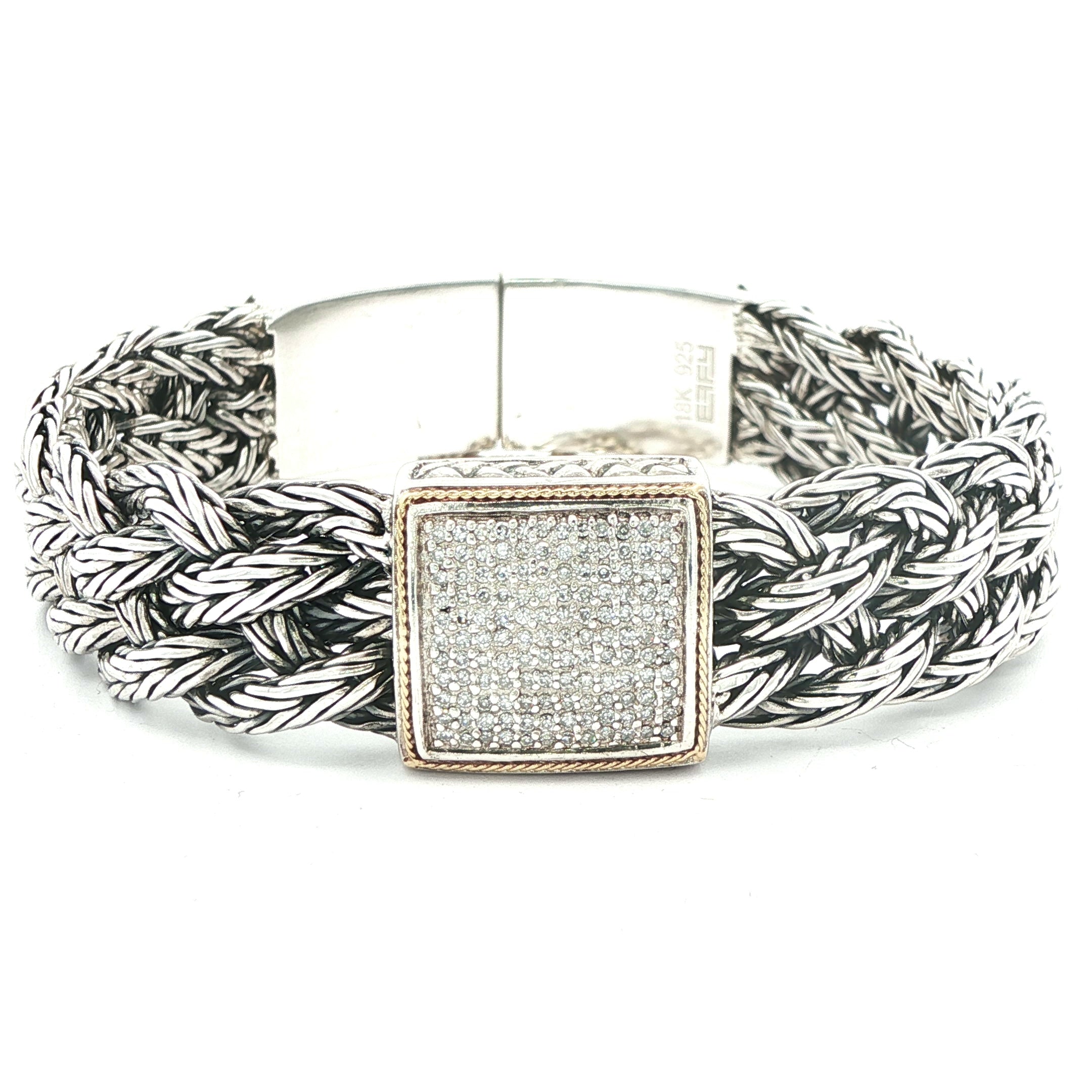 Estate 925 Sterling Silver & 18k Yellow Gold  braided chain Diamond Bracelet