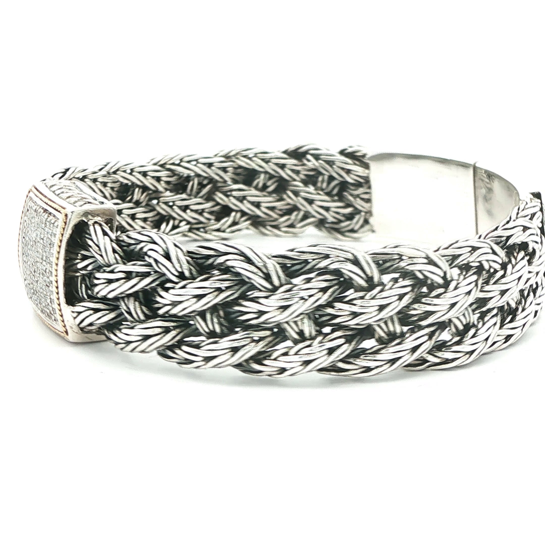 Estate 925 Sterling Silver & 18k Yellow Gold  braided chain Diamond Bracelet