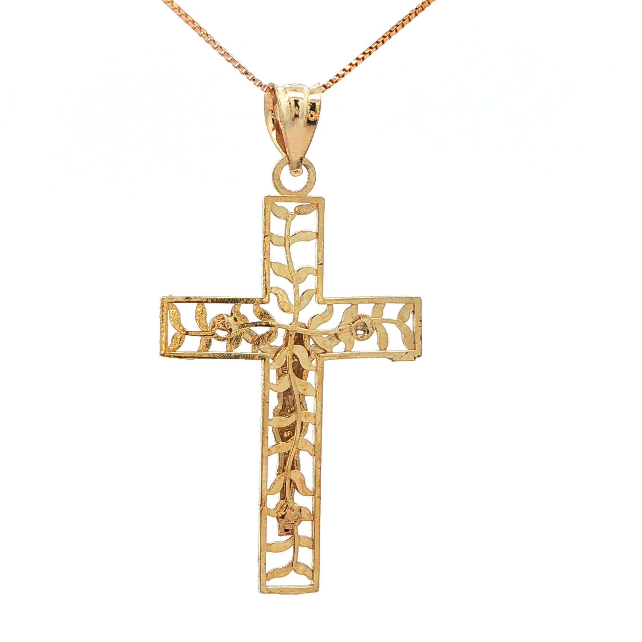 10K Yellow Gold Floral Cross Charm Necklace
