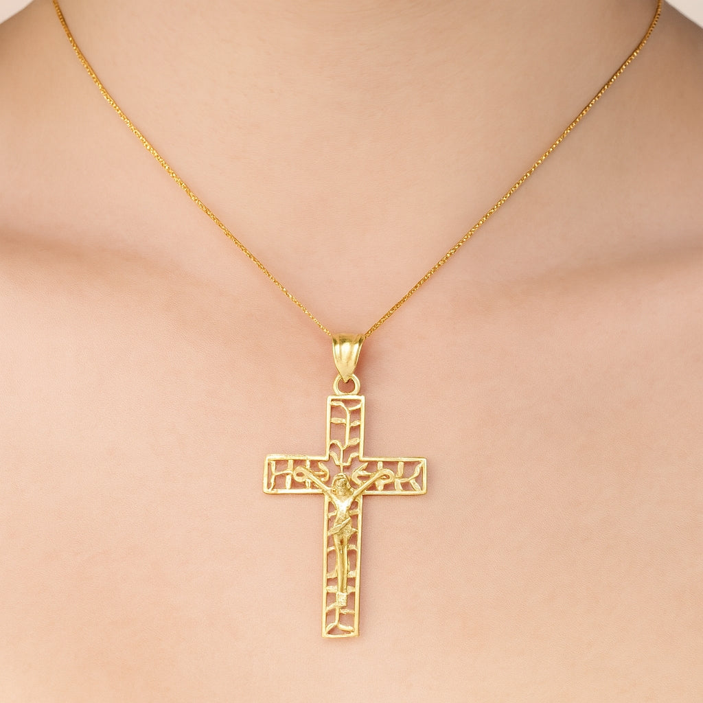 10K Yellow Gold Floral Cross Charm Necklace