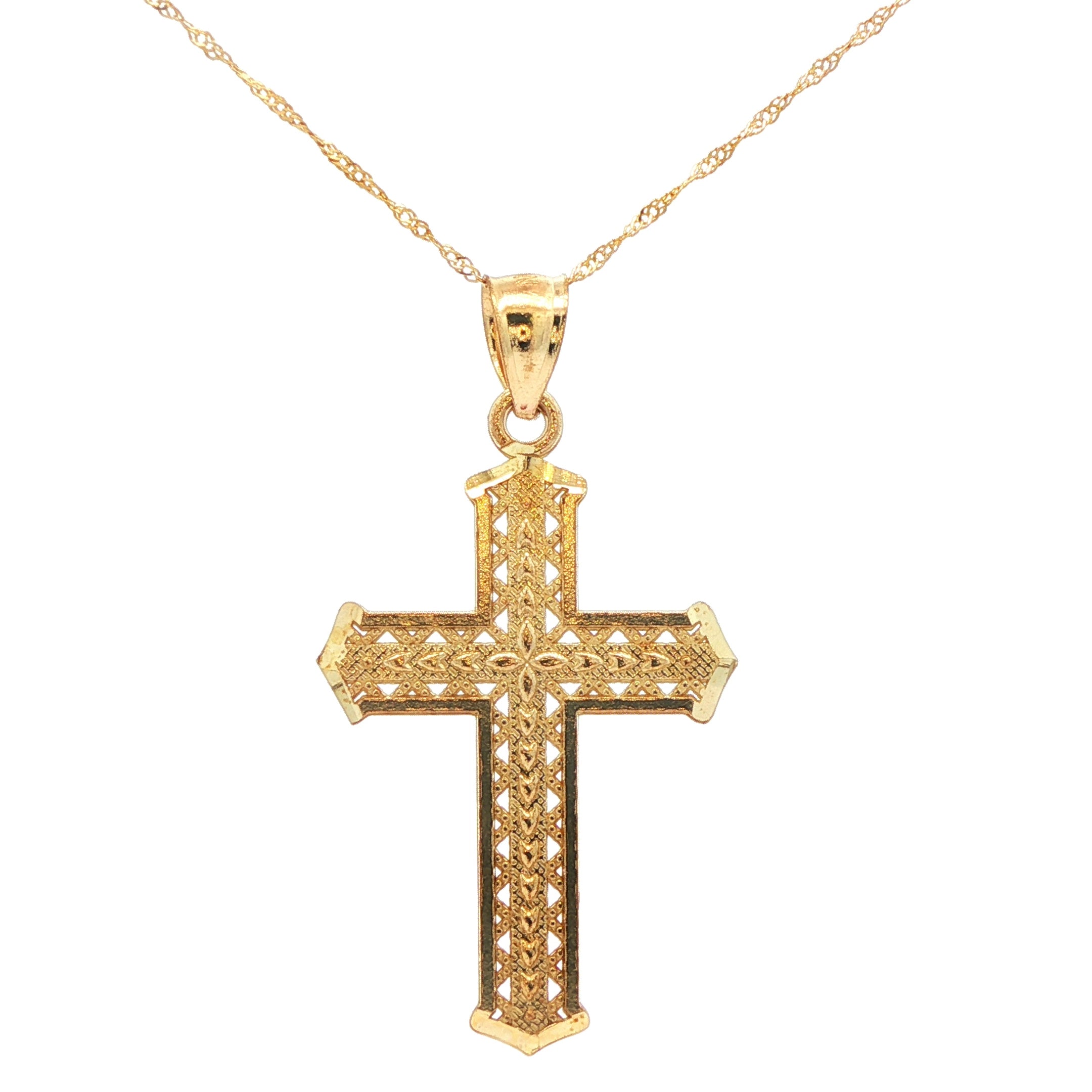 14K Artisan Crafted Yellow Gold Cross Pendant Chain Necklace