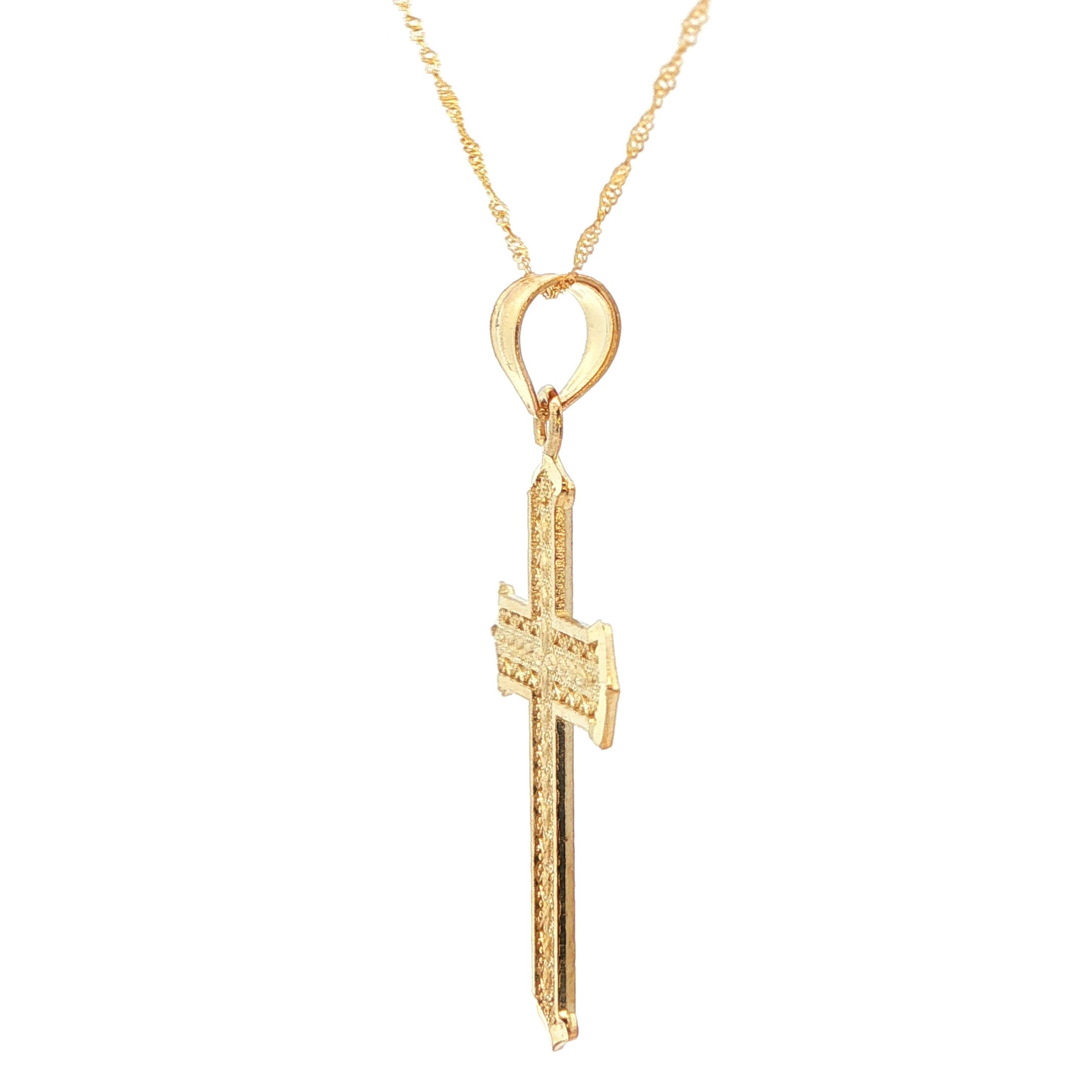 14K Artisan Crafted Yellow Gold Cross Pendant Chain Necklace
