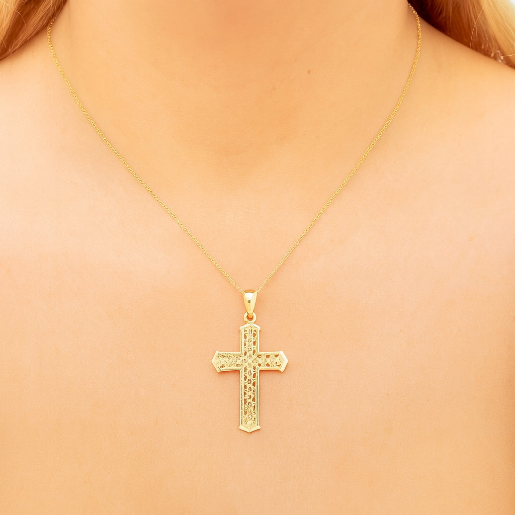 14K Artisan Crafted Yellow Gold Cross Pendant Chain Necklace