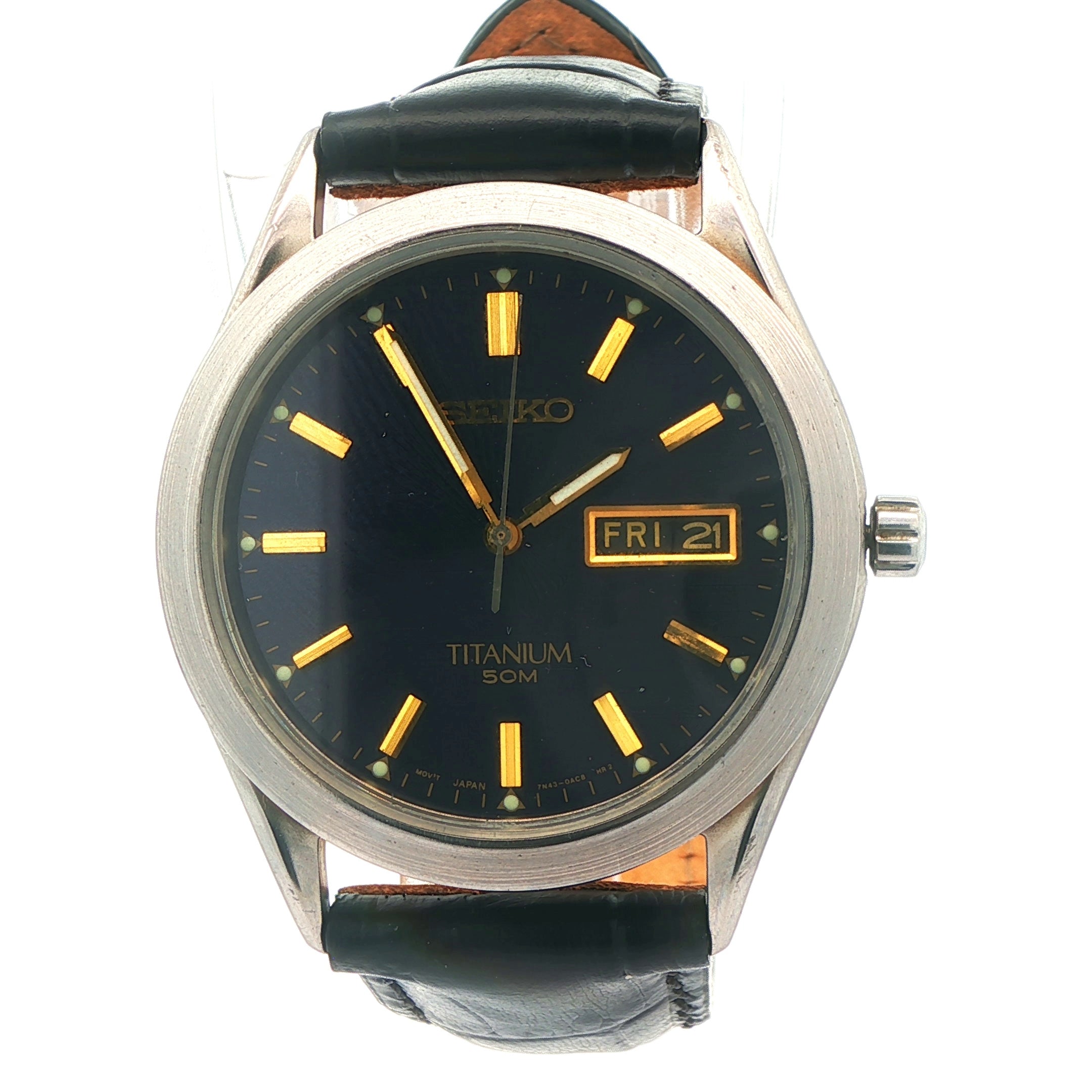 Seiko Titanium 50M Men's Watch-Blue Dial,Day-Date Leather band