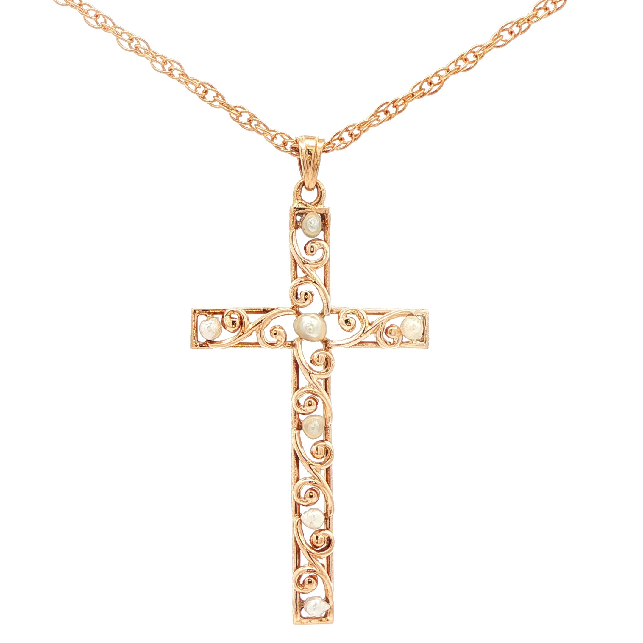 10K Yellow Gold Intricate Vintage and Pearl Cross