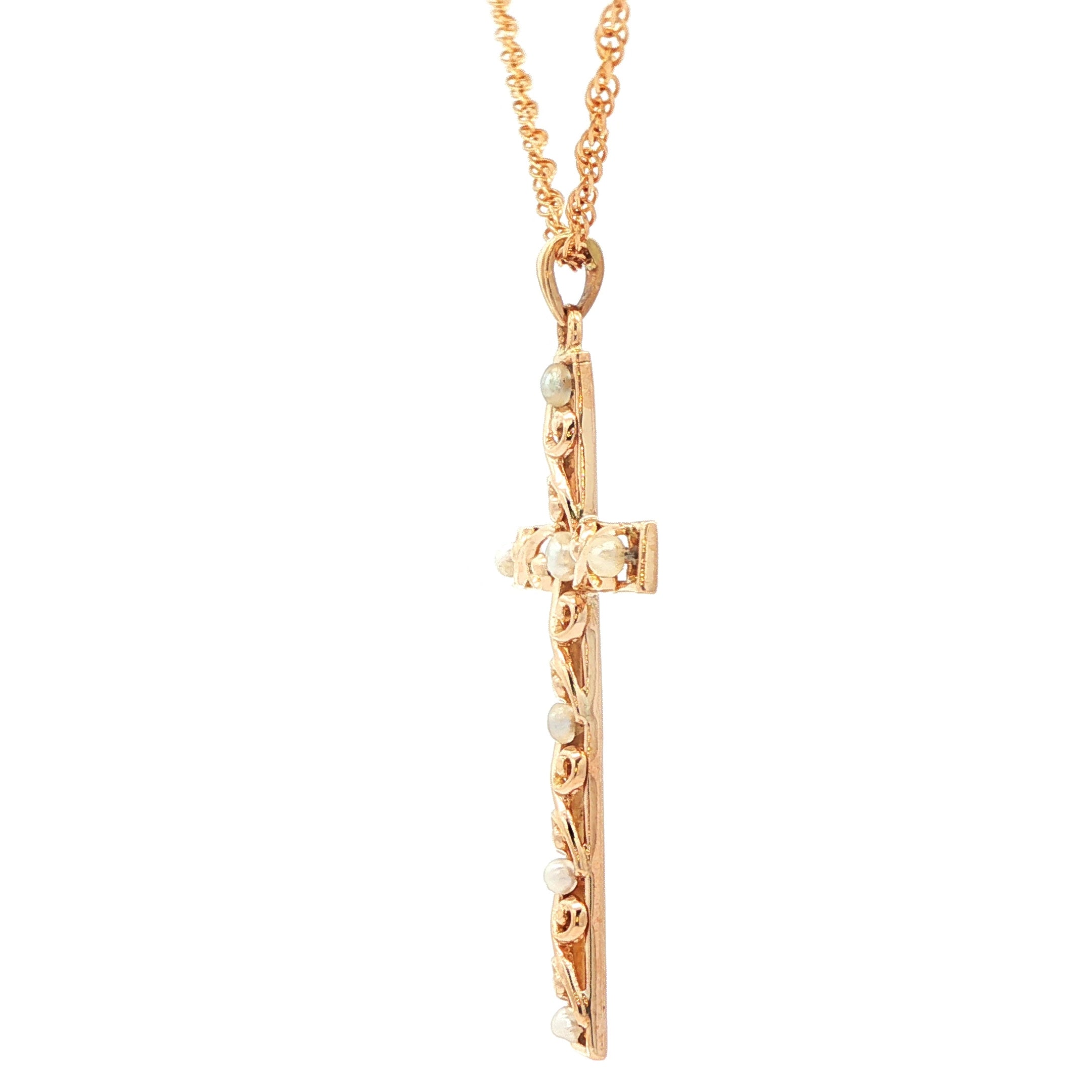 10K Yellow Gold Intricate Vintage and Pearl Cross