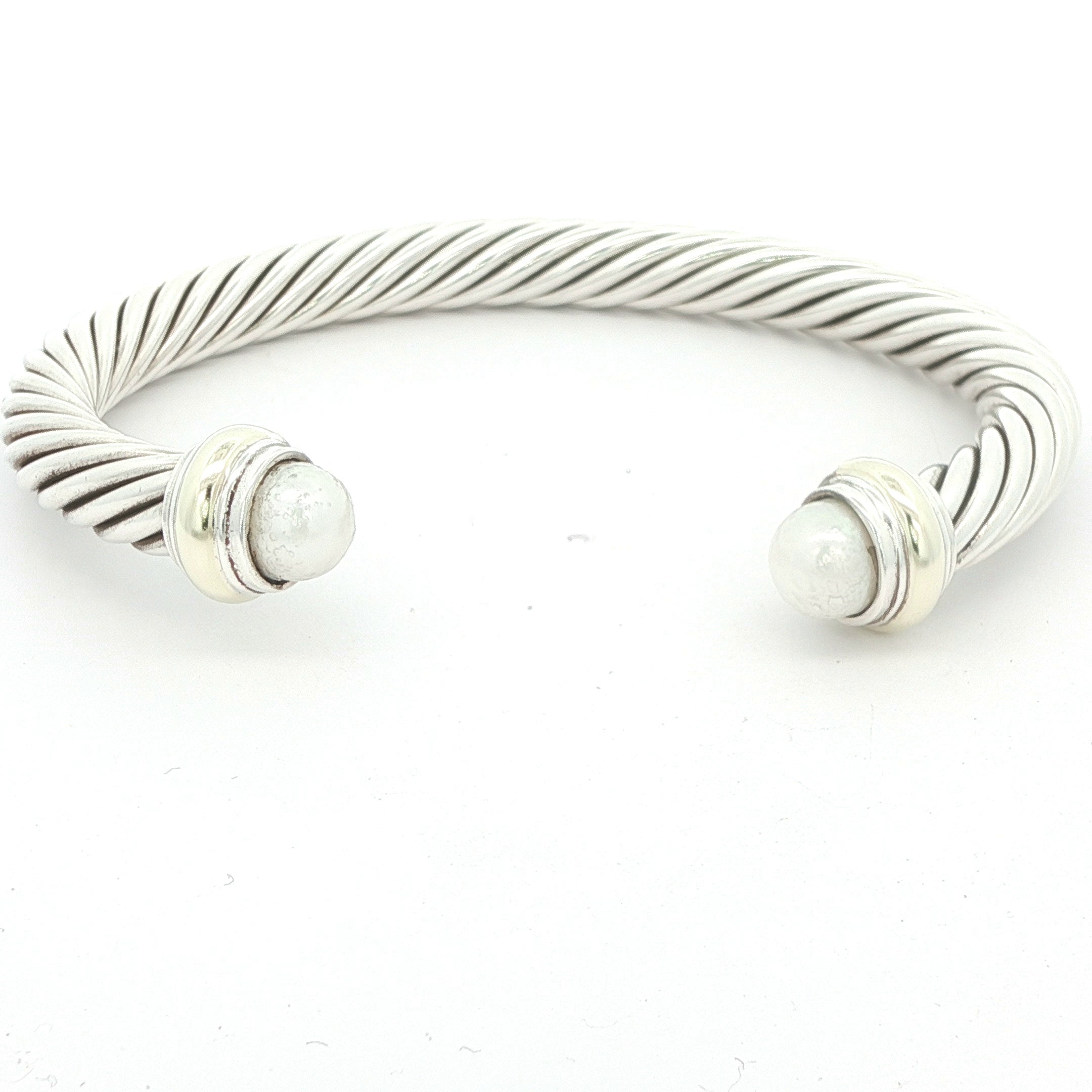 Estate David Yurman 14K Gold & Sterling Silver 7mm Cable Pearl Bangle