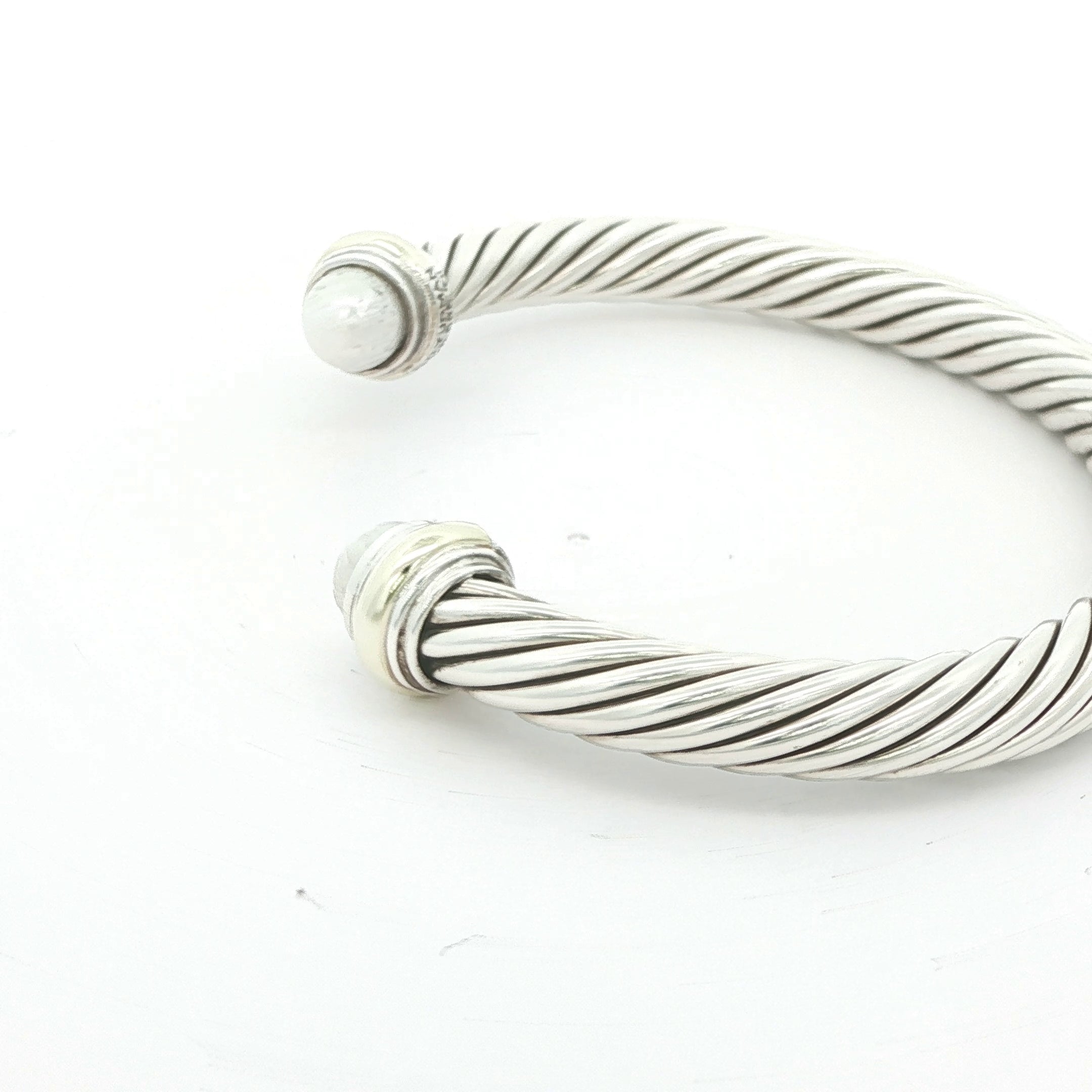 Estate David Yurman 14K Gold & Sterling Silver 7mm Cable Pearl Bangle