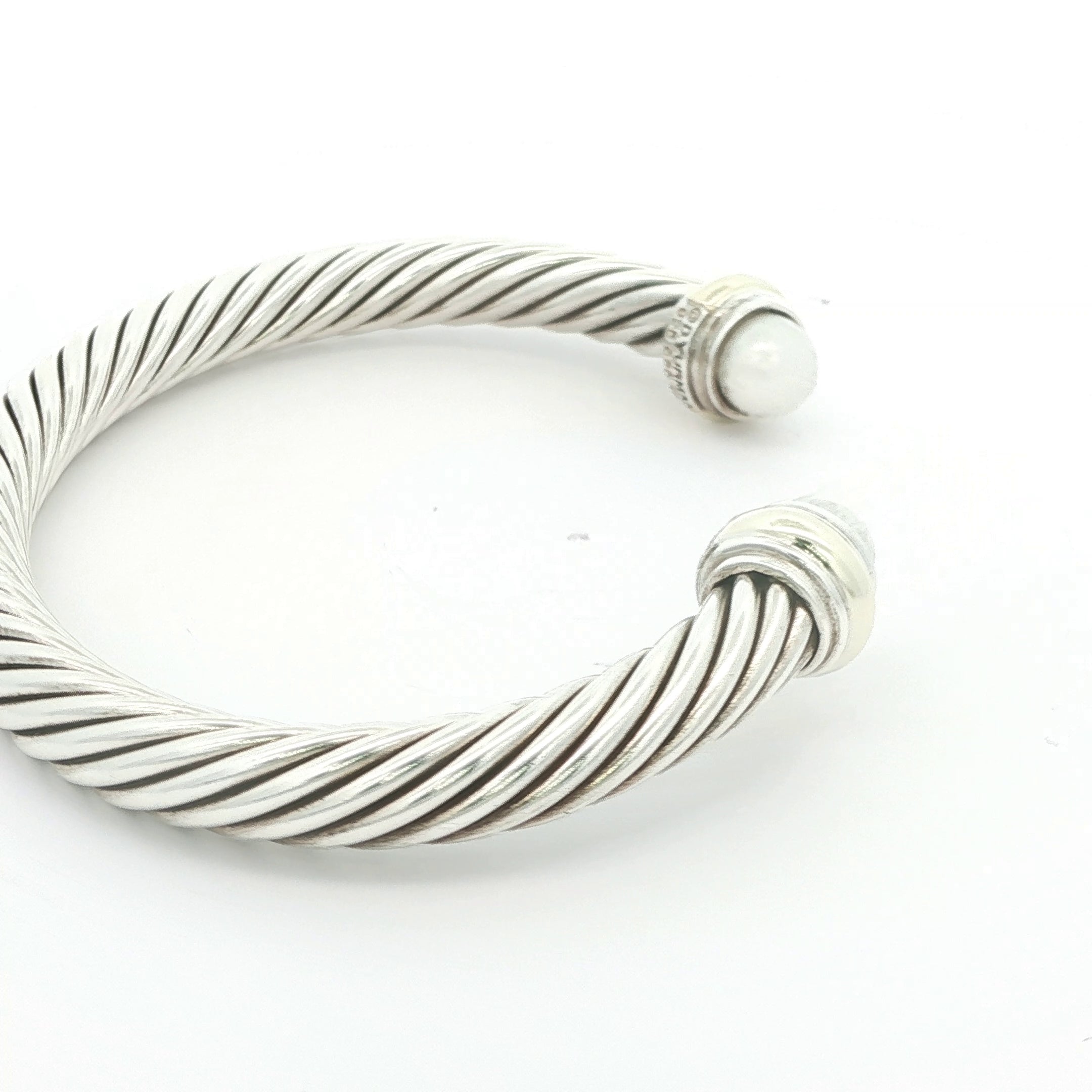 Estate David Yurman 14K Gold & Sterling Silver 7mm Cable Pearl Bangle