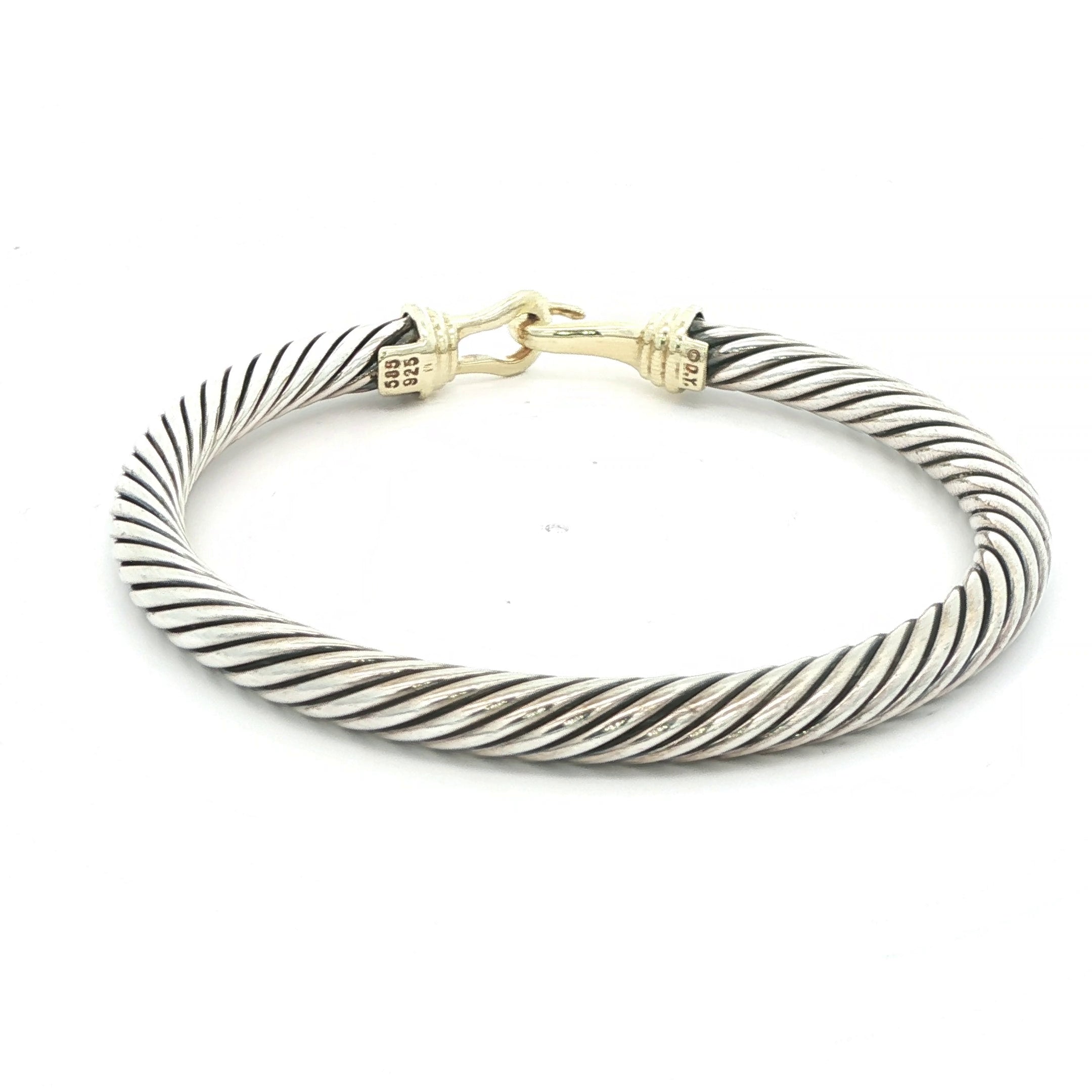 Estate David Yurman 14K Gold & Sterling Silver Cable Buckle Bangle 6.25in 5mm