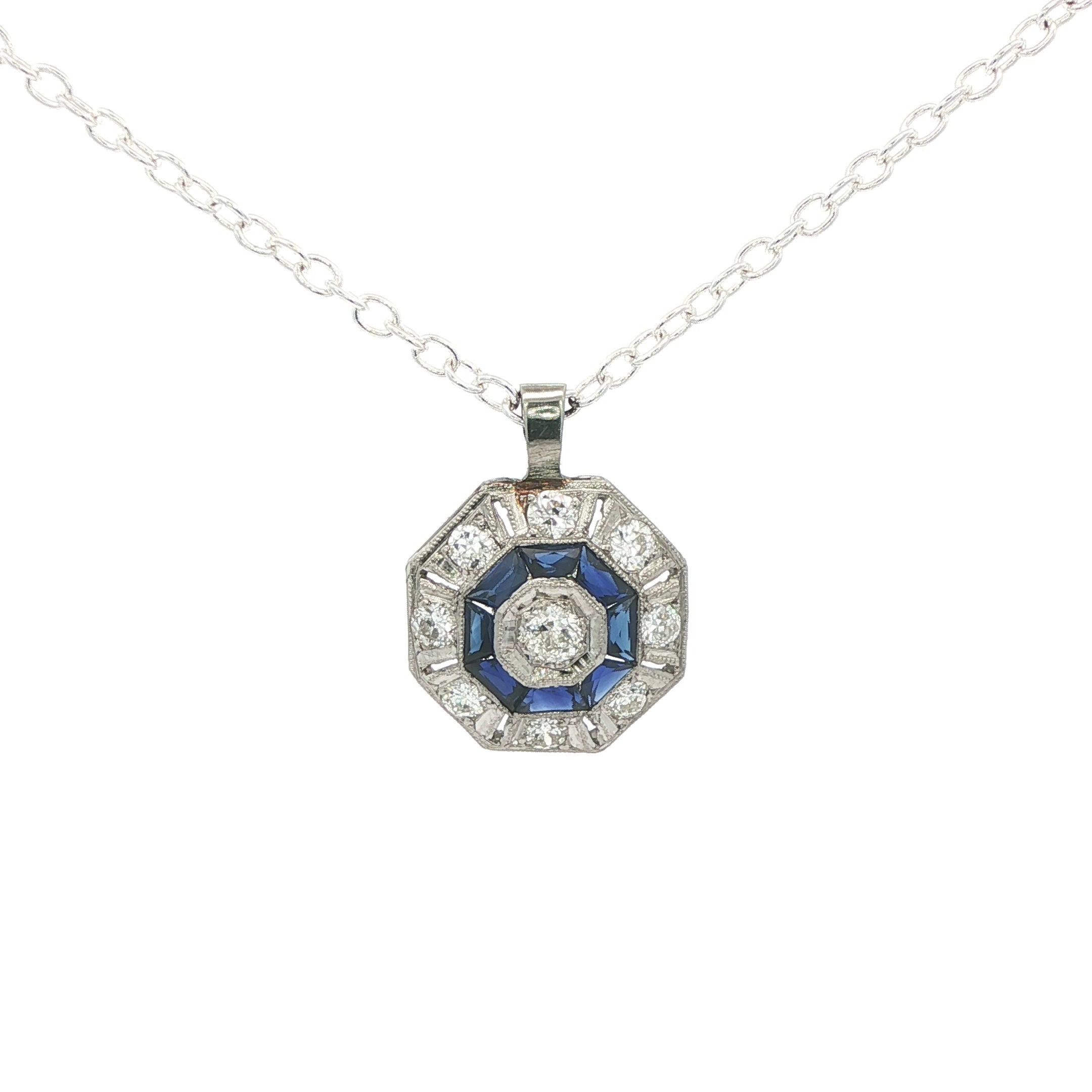1930s Estate Platinum Natural Sapphire and Diamond Pendant Approx. 1 CTW