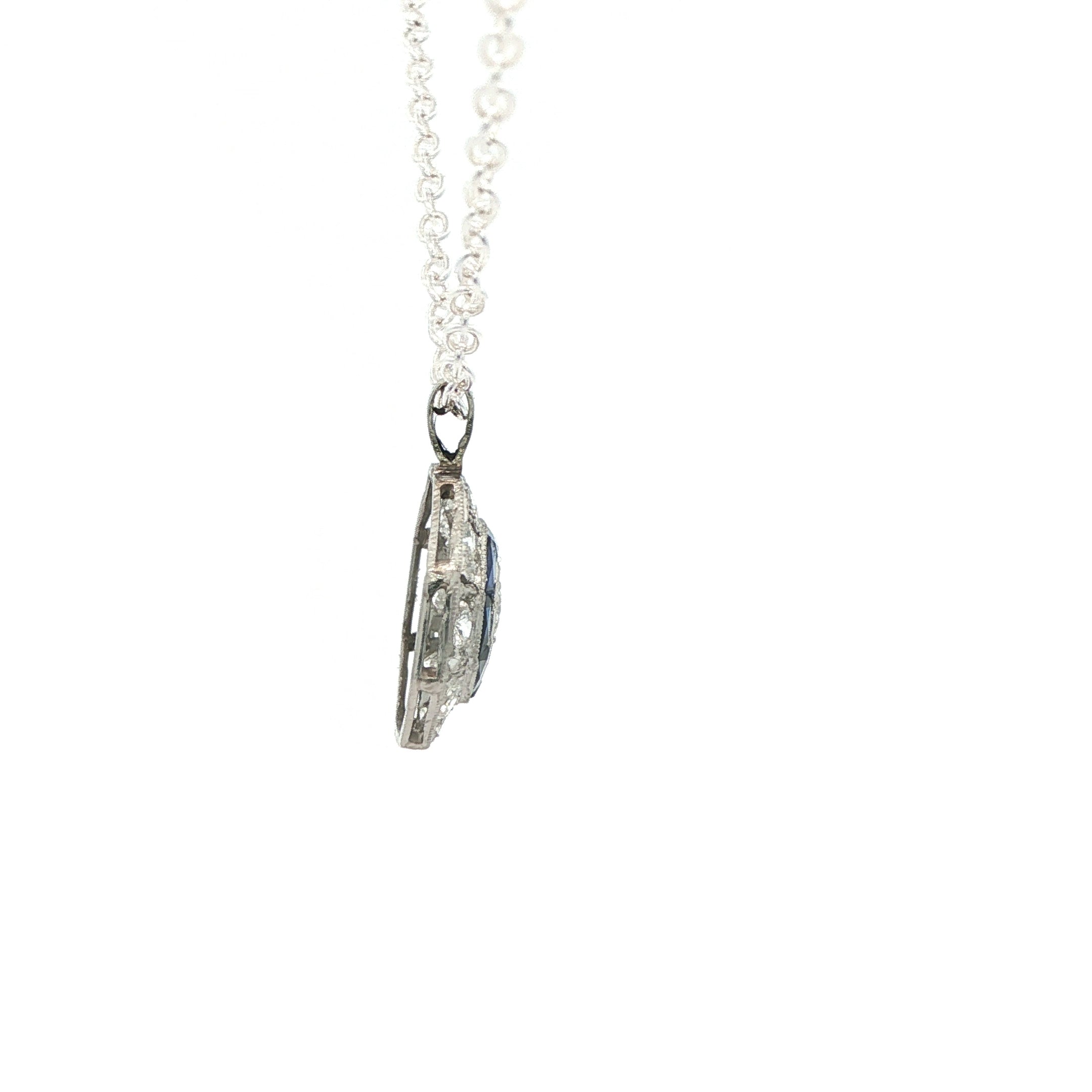 1930s Estate Platinum Natural Sapphire and Diamond Pendant Approx. 1 CTW