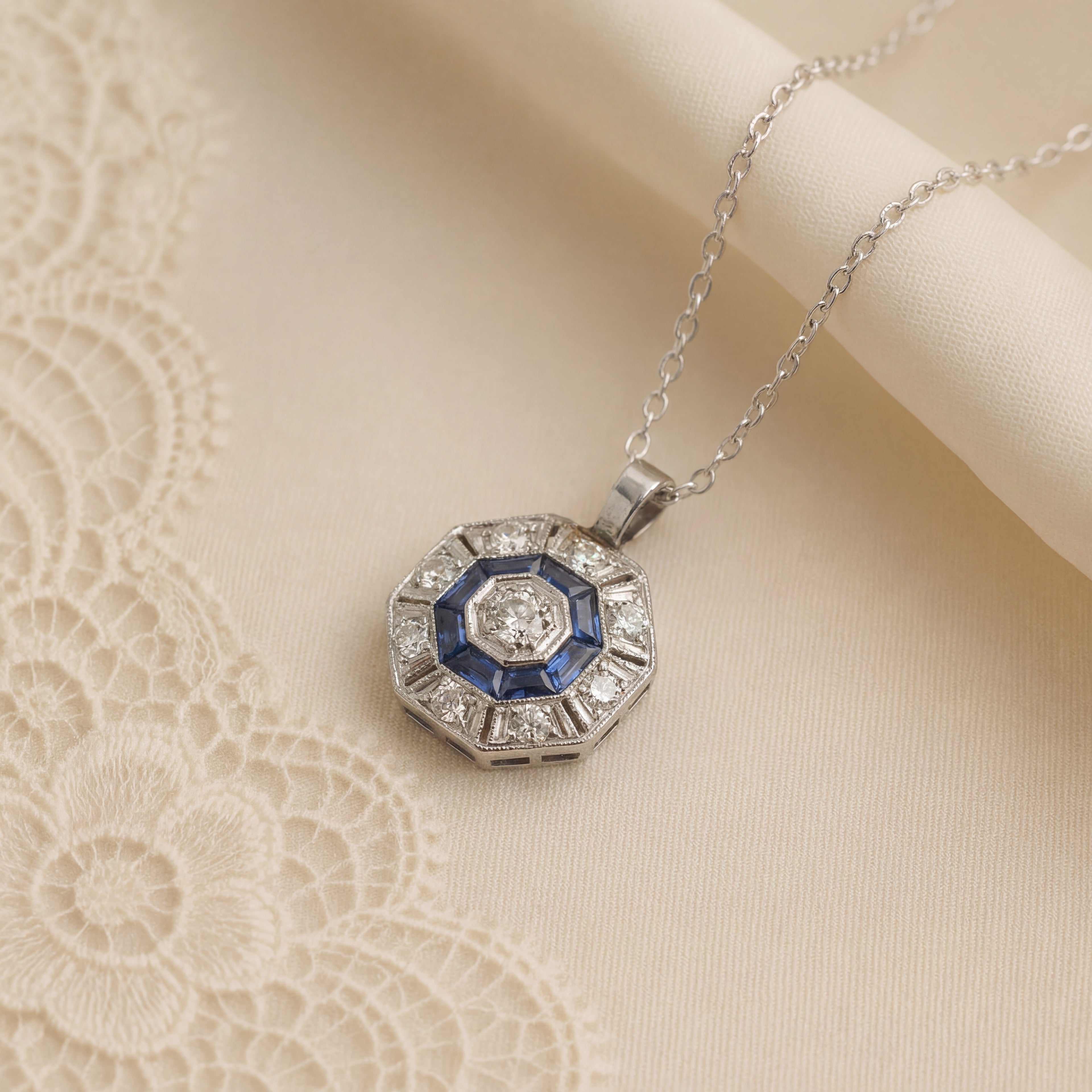 1930s Estate Platinum Natural Sapphire and Diamond Pendant Approx. 1 CTW