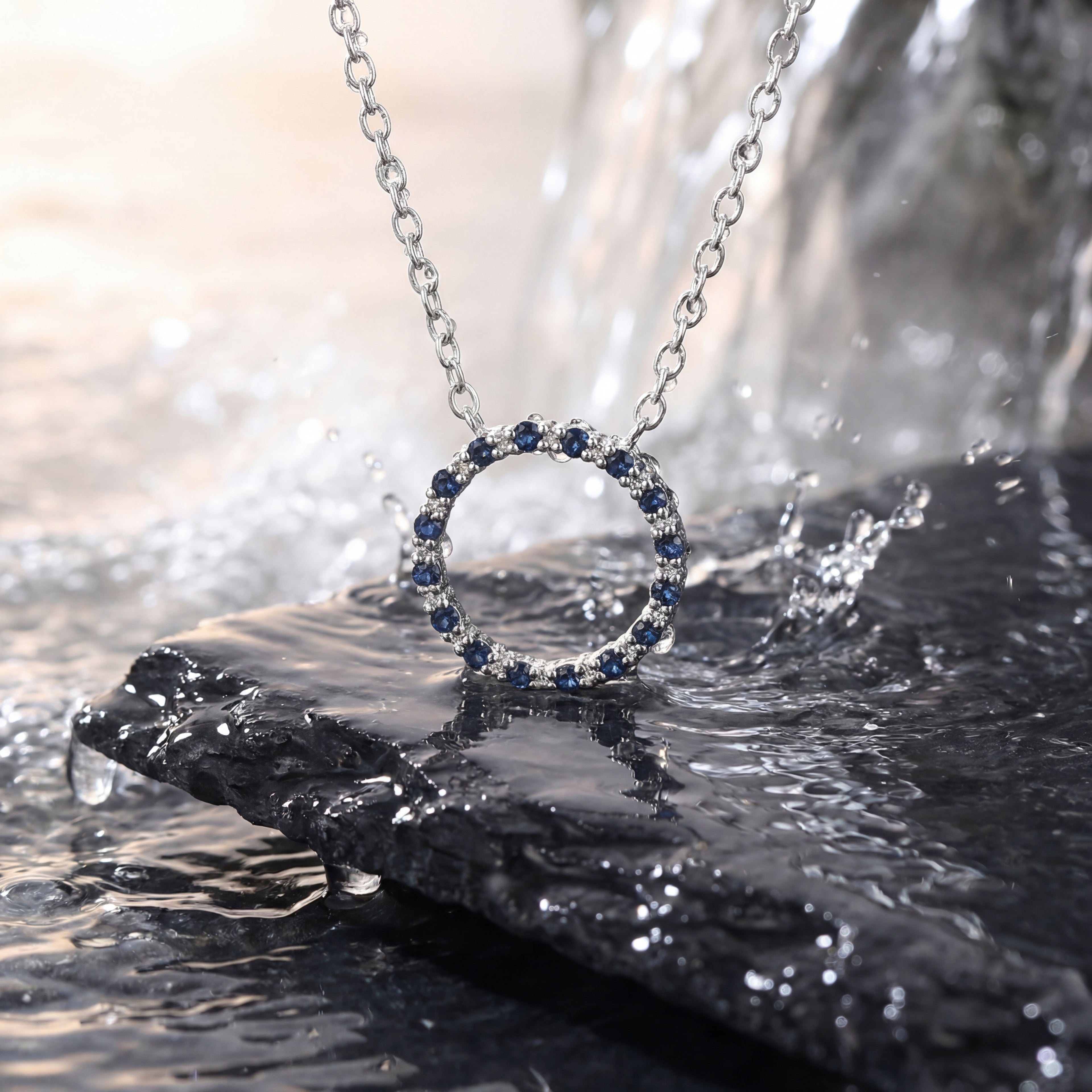 Estate Natural Sapphire and Diamond Circle Pendant 3/4 CTW 10K White Gold