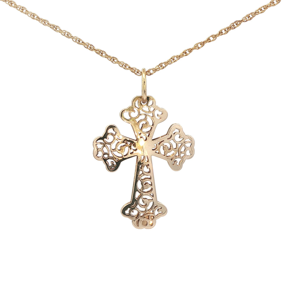 Estate 14K Yellow Gold Openwork Cross Pendant Filigree Floral Design